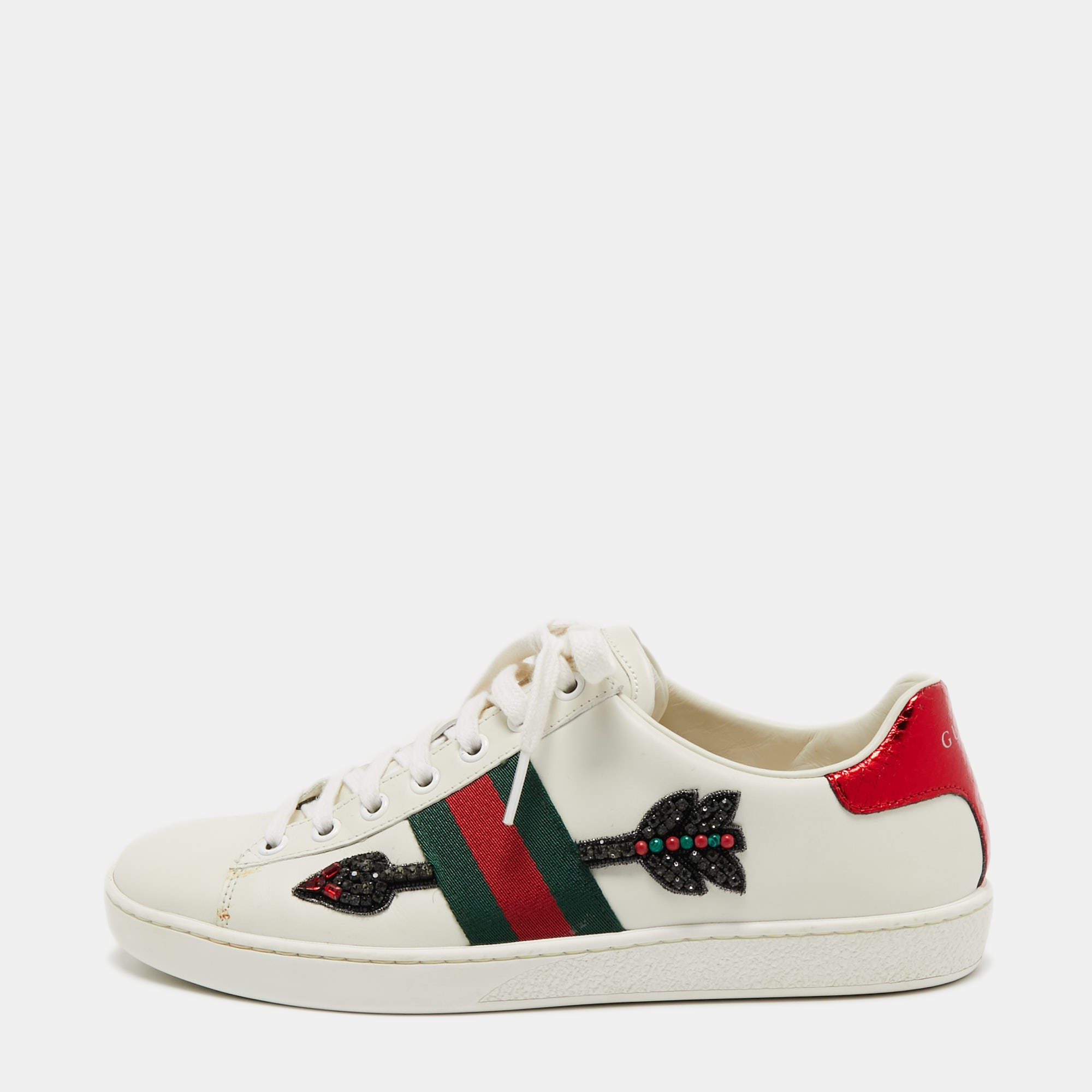 Gucci White Leather Crystal Embellished Arrow Ace Sneakers Size 37.5