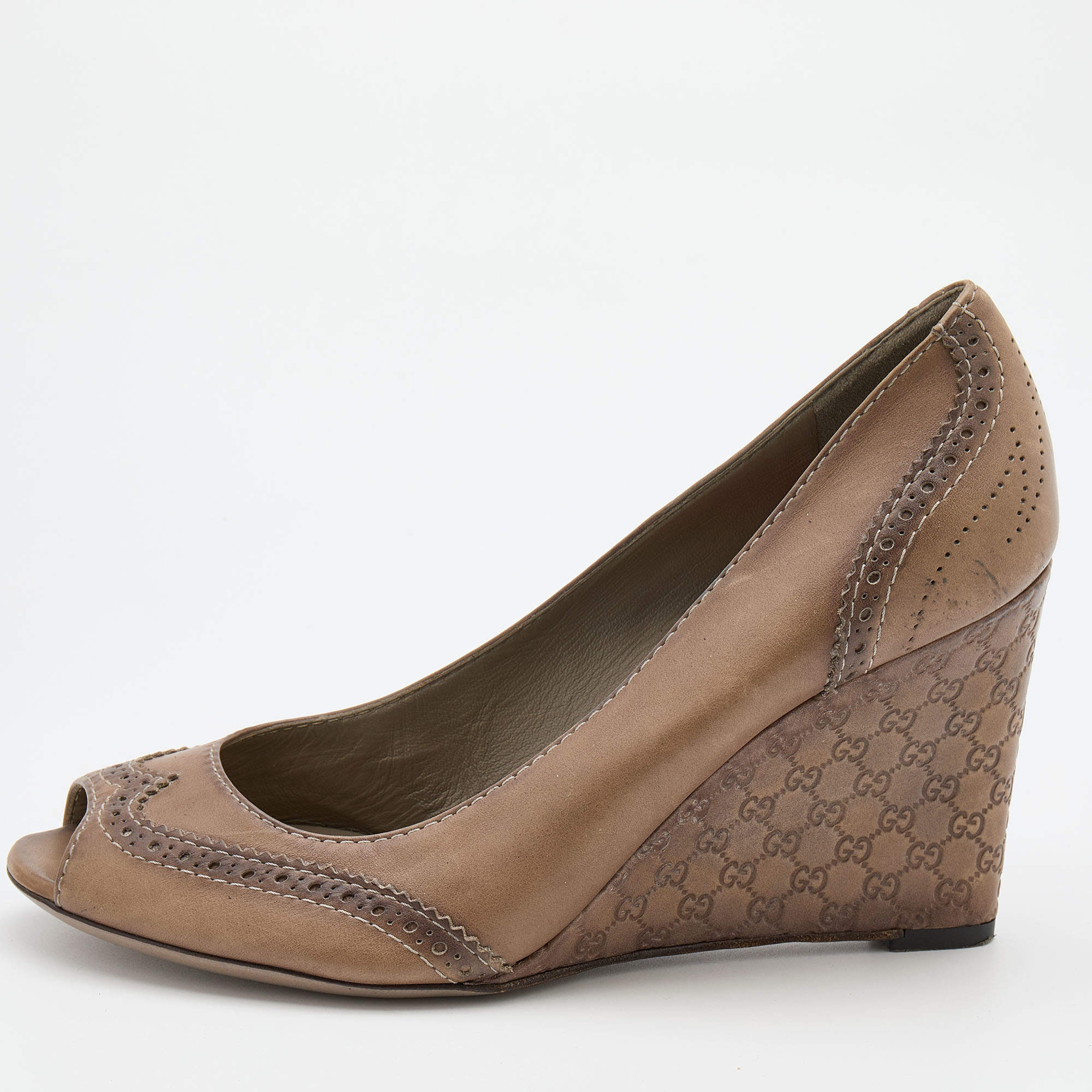 Gucci Brown Brogue Leather Open Toe Microguccissima Wedge Pumps Size 38