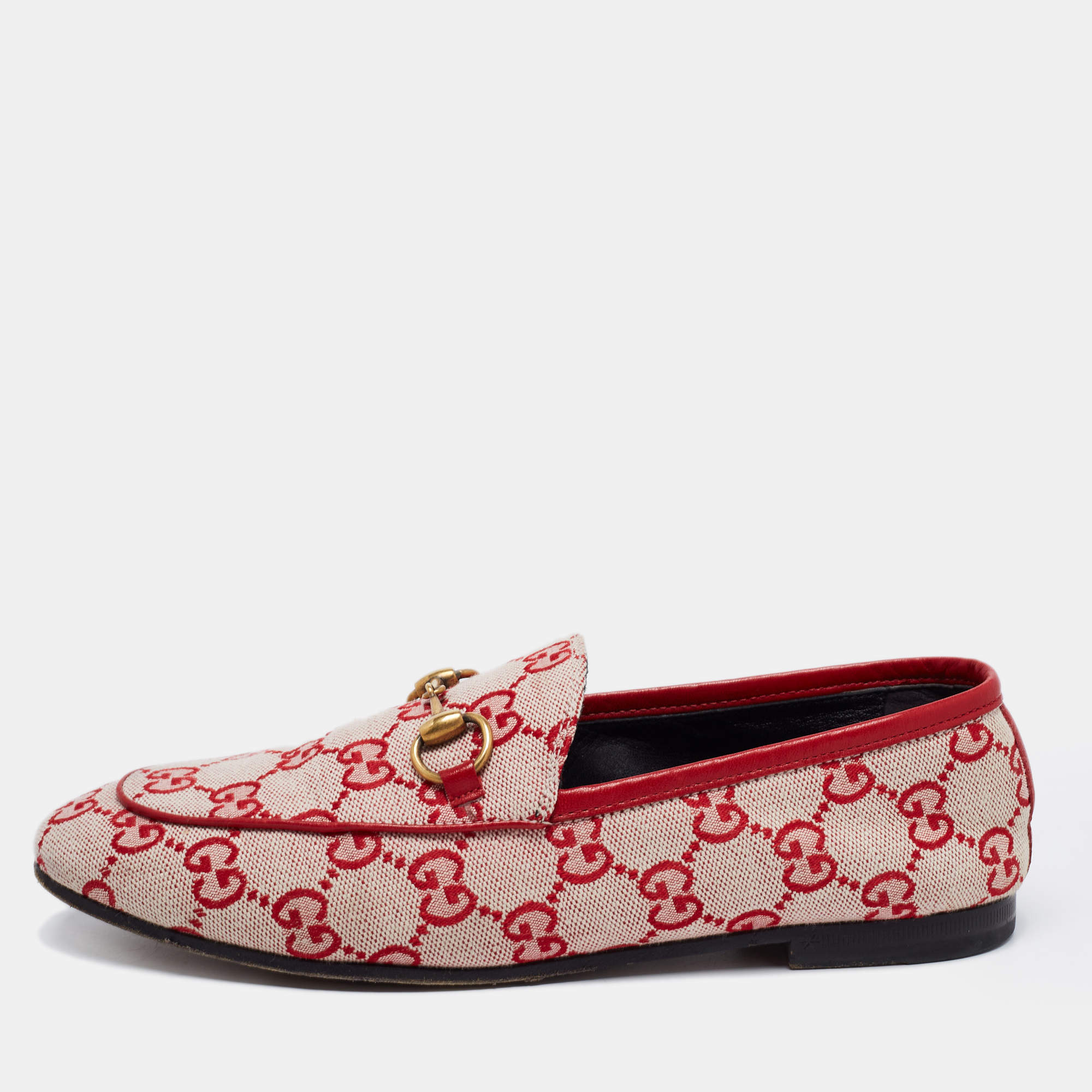 Gucci Red GG Canvas Jordaan Horsebit Loafers Size 35.5