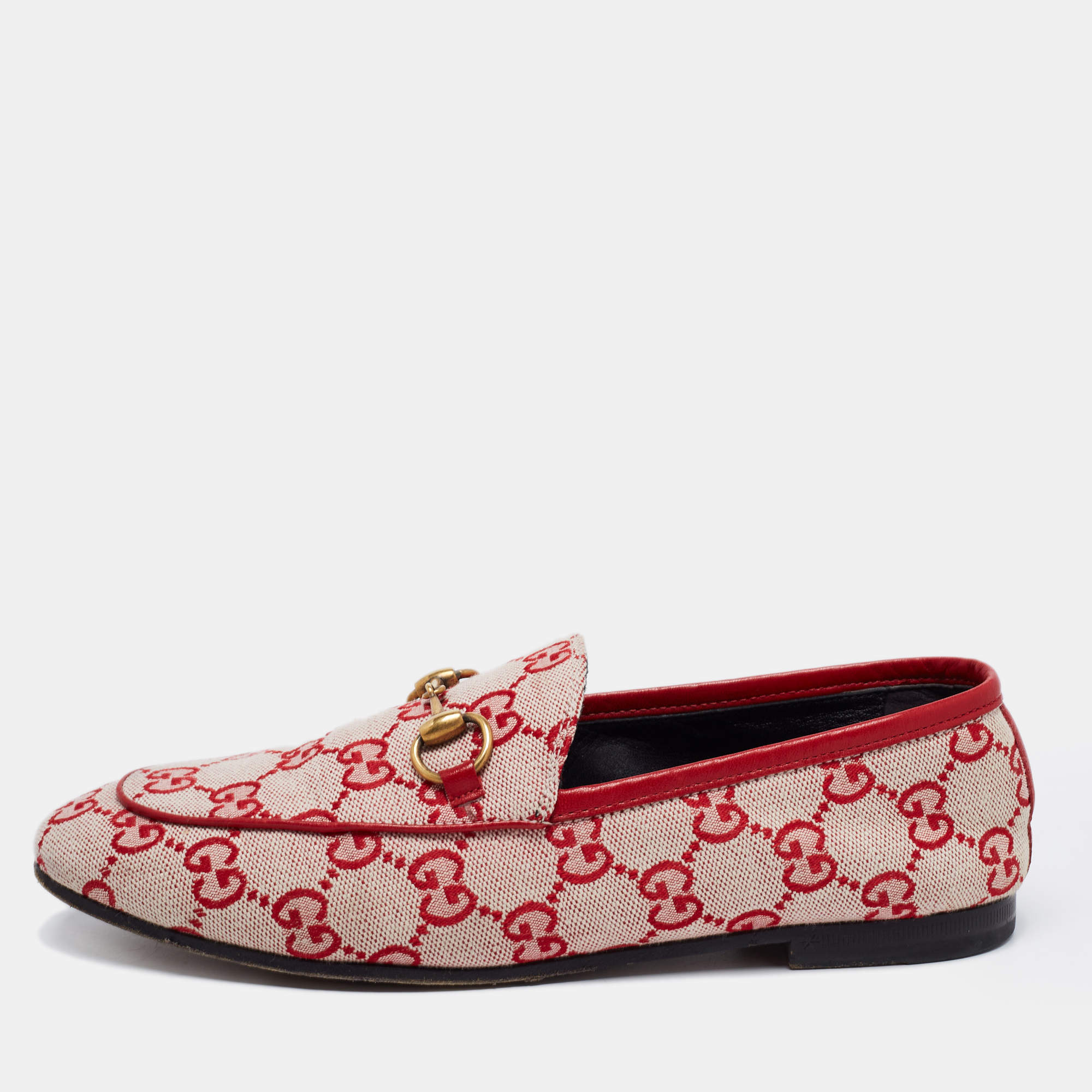 Pre Owned Gucci Red GG Canvas Jordaan Horsebit Loafers Size 35.5