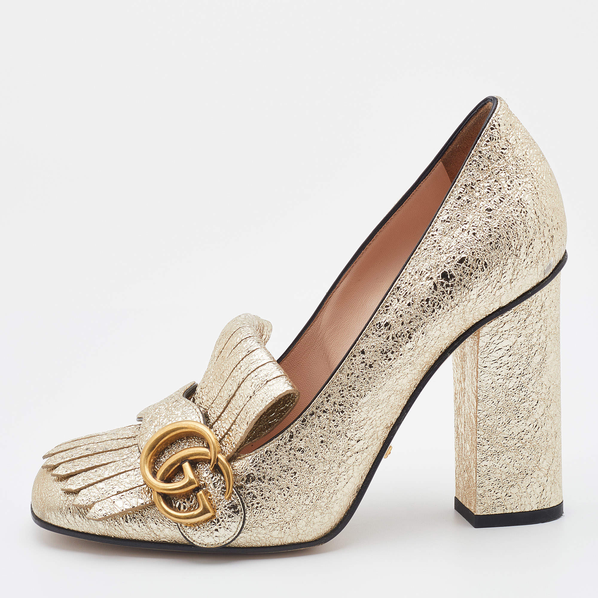 Gucci Gold Foil Leather GG Marmont Fringe Detail Block Heel Pumps Size ...