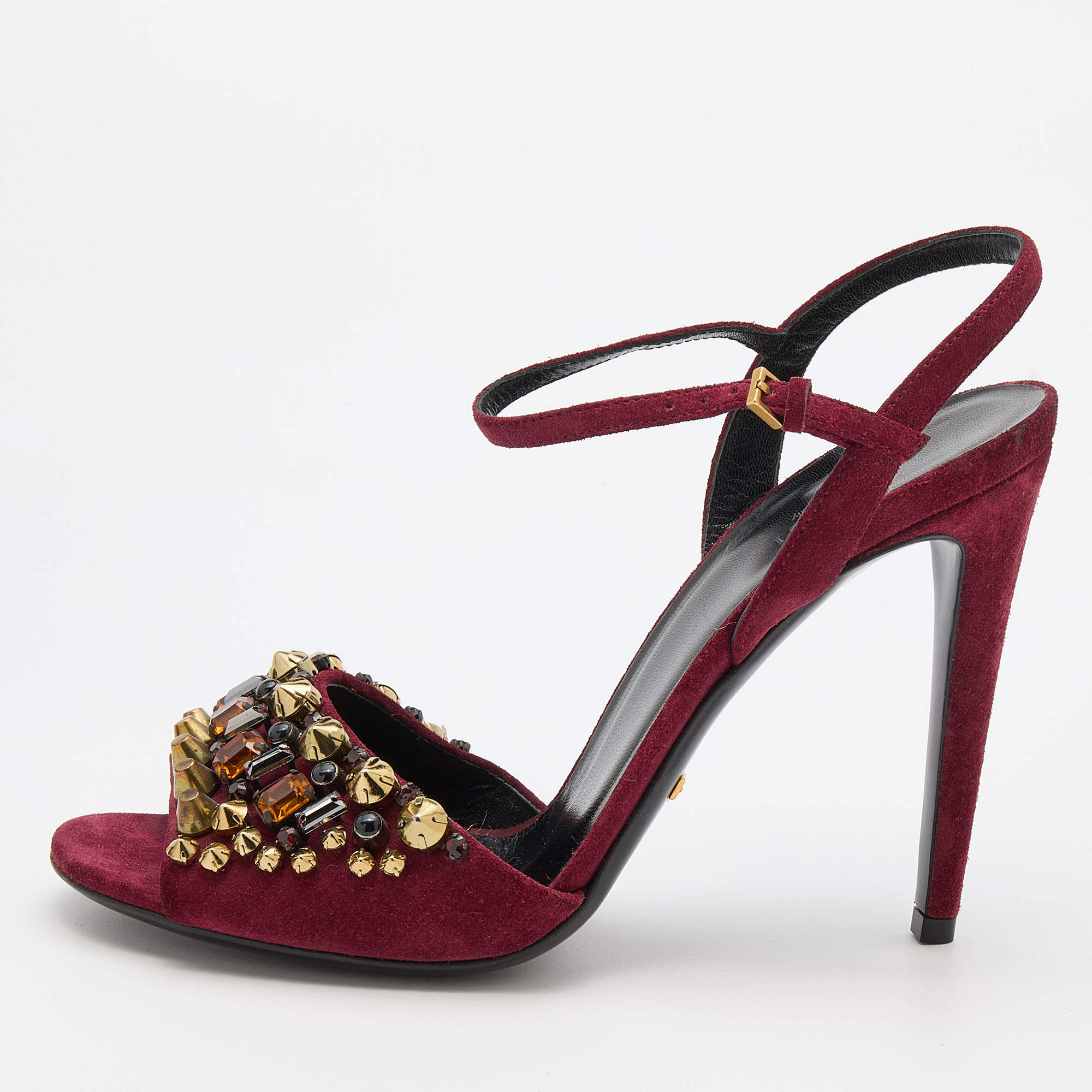 Pre Owned Gucci Burgundy Suede Embellished Ankle Strap Sandals Size 39