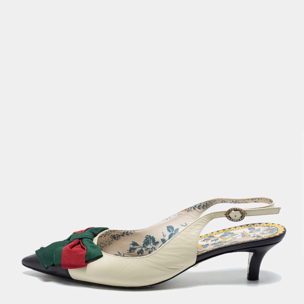 Pre Owned Gucci Cream/Black Leather Sylvie Slingback Pumps Size 37