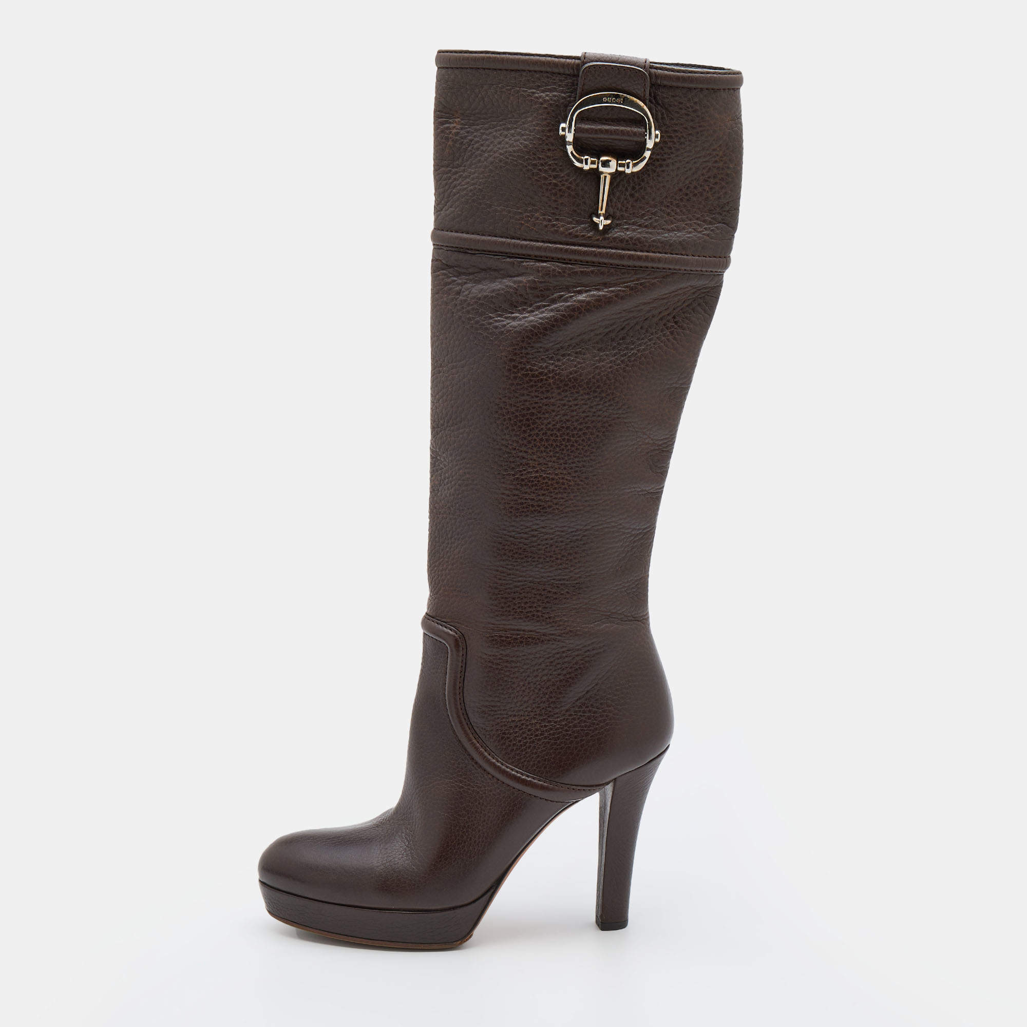 Pre Owned Gucci Dark Brown Leather Knee Length Platform Boots Size 40