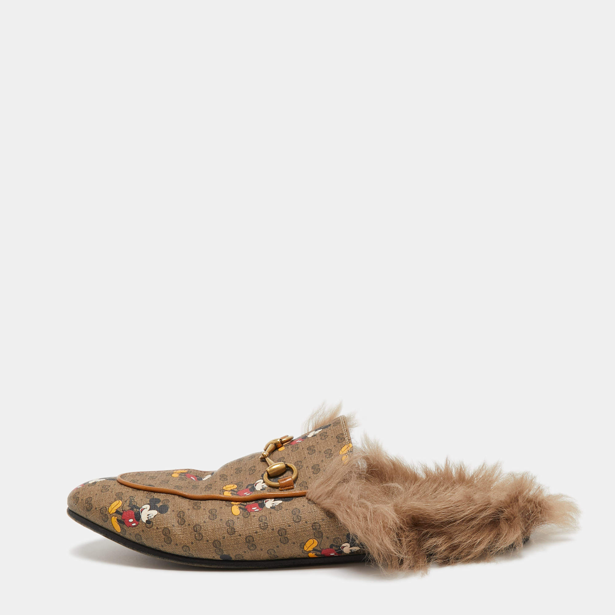 Pre Owned Gucci x Disney Brown Mickey Mouse Print GG Supreme Canvas Princetown Flat Mules Size 39