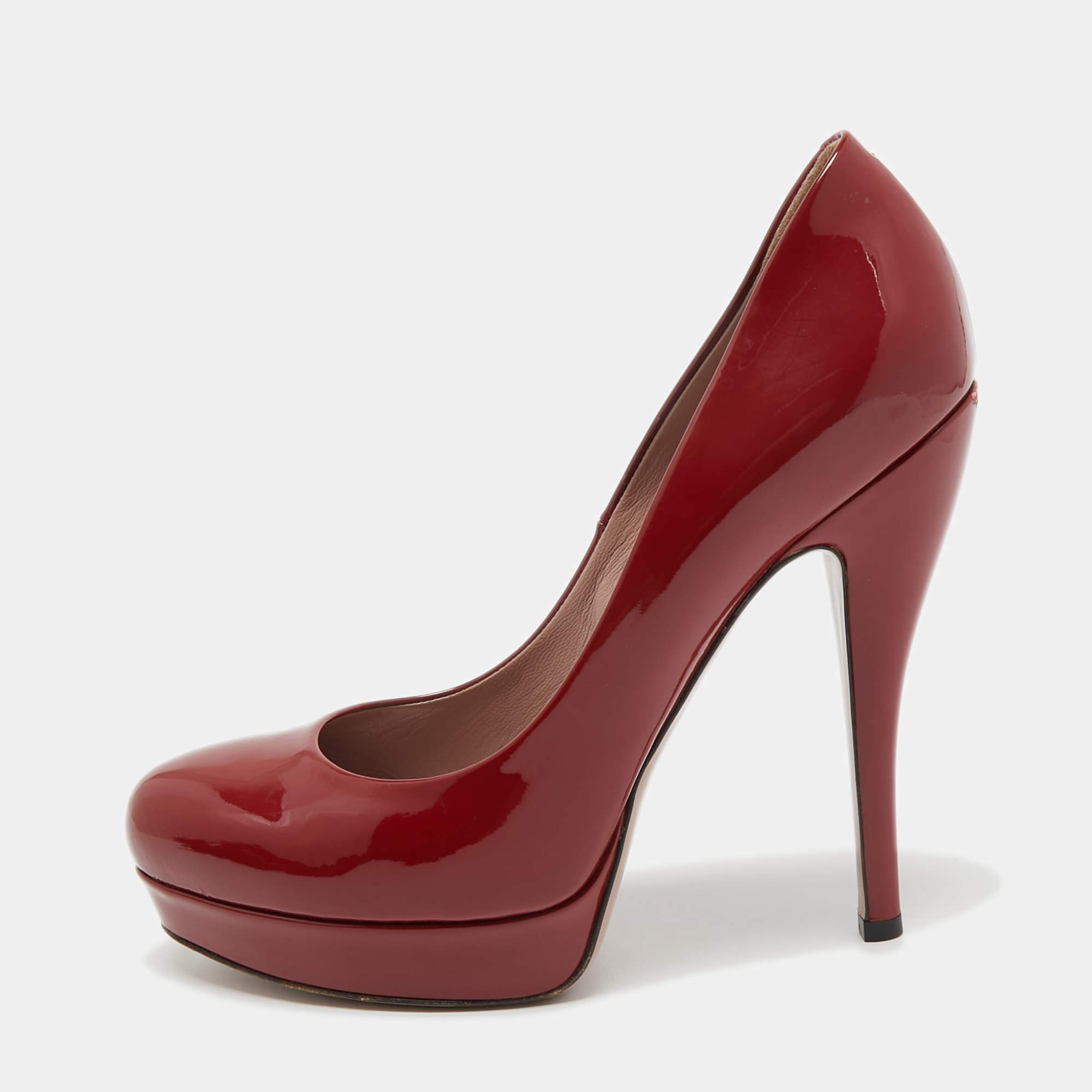 Pre Owned Gucci Red Patent Leather Platform Pumps Size 38.5