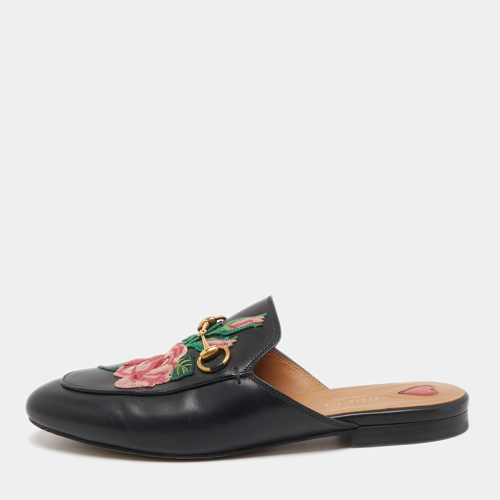 Pre Owned Gucci Black Leather Rose Embroidered Princetown Flat Mules Size 38
