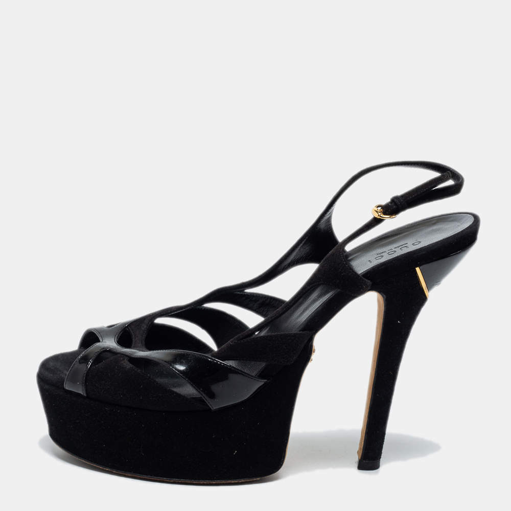 مملوكة مسبقًا Gucci Black Suede Peep Toe  Platform Sandals Size 41