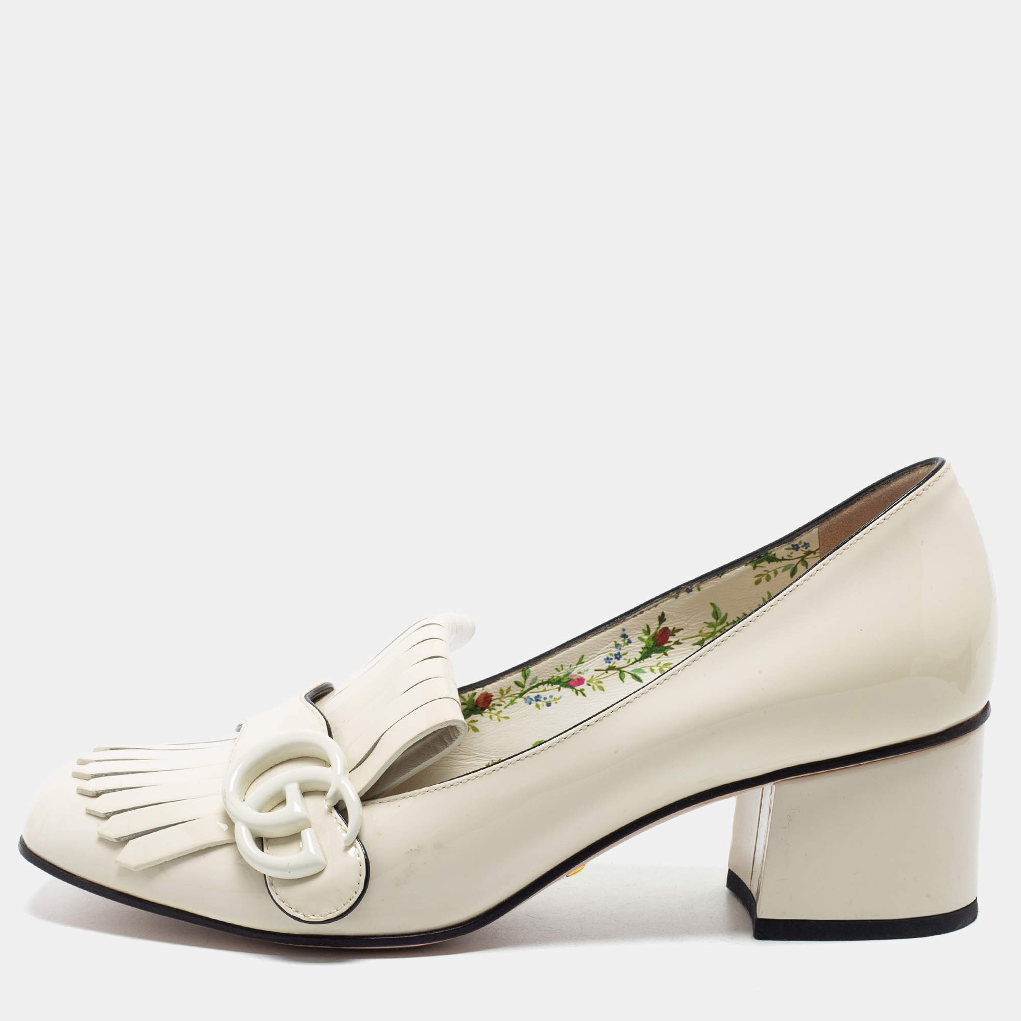 Pre Owned Gucci Cream Patent Leather Double G Fringes Mid Heel Pumps Size 37.5
