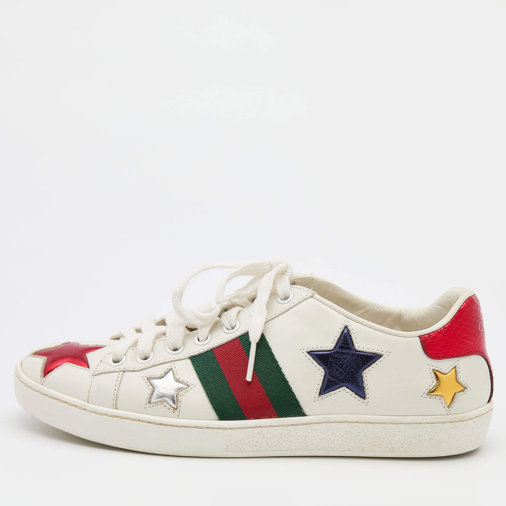 Pre Owned Gucci White Leather Metallic Stars Ace Low Top Sneakers Size 36