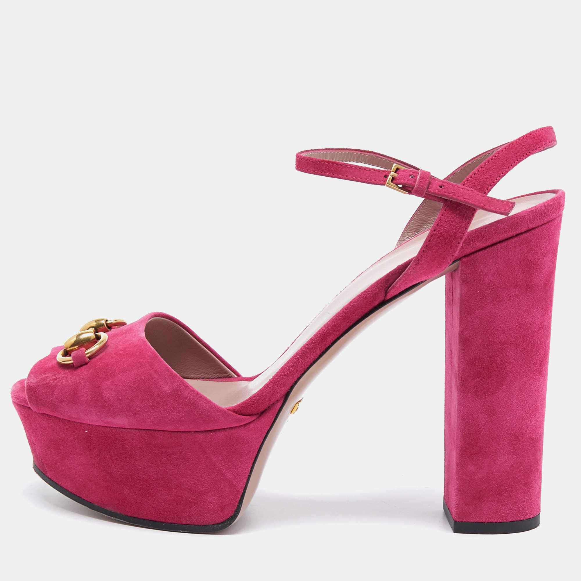 Pre Owned Gucci Pink Suede Claudie Ankle Strap Sandals Size 39.5