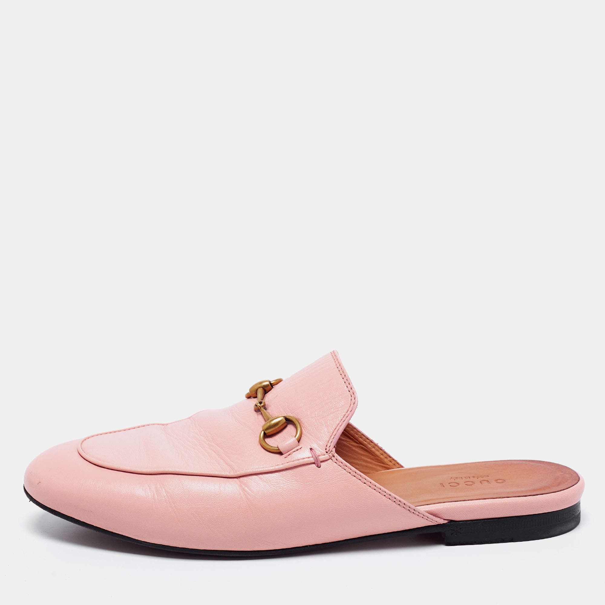 Pre Owned Gucci Light Pink Leather Princetown Mules Size 37.5