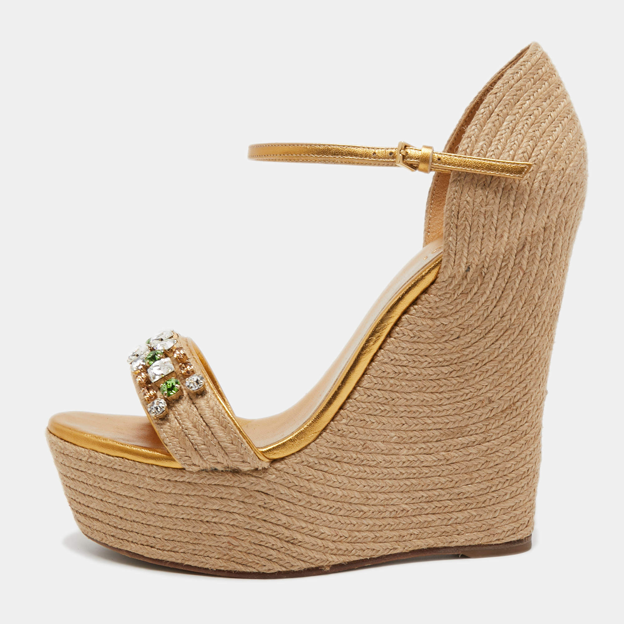 Gucci Beige/Gold Jute and Leather Crystal Embellished Espadrille Wedge Sandals Size 39