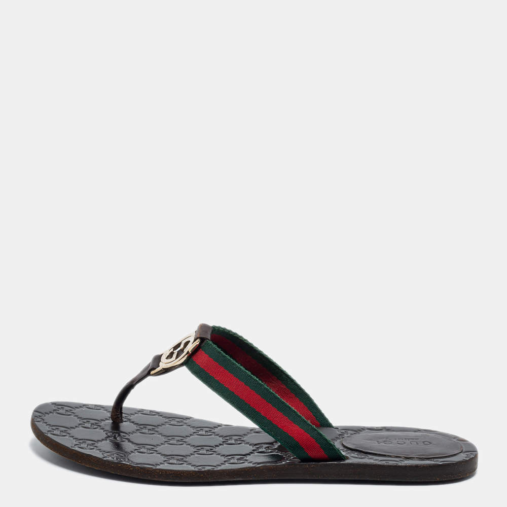 Pre Owned Gucci Tricolor Web and Leather GG Thong Flat Slides Size 37.5