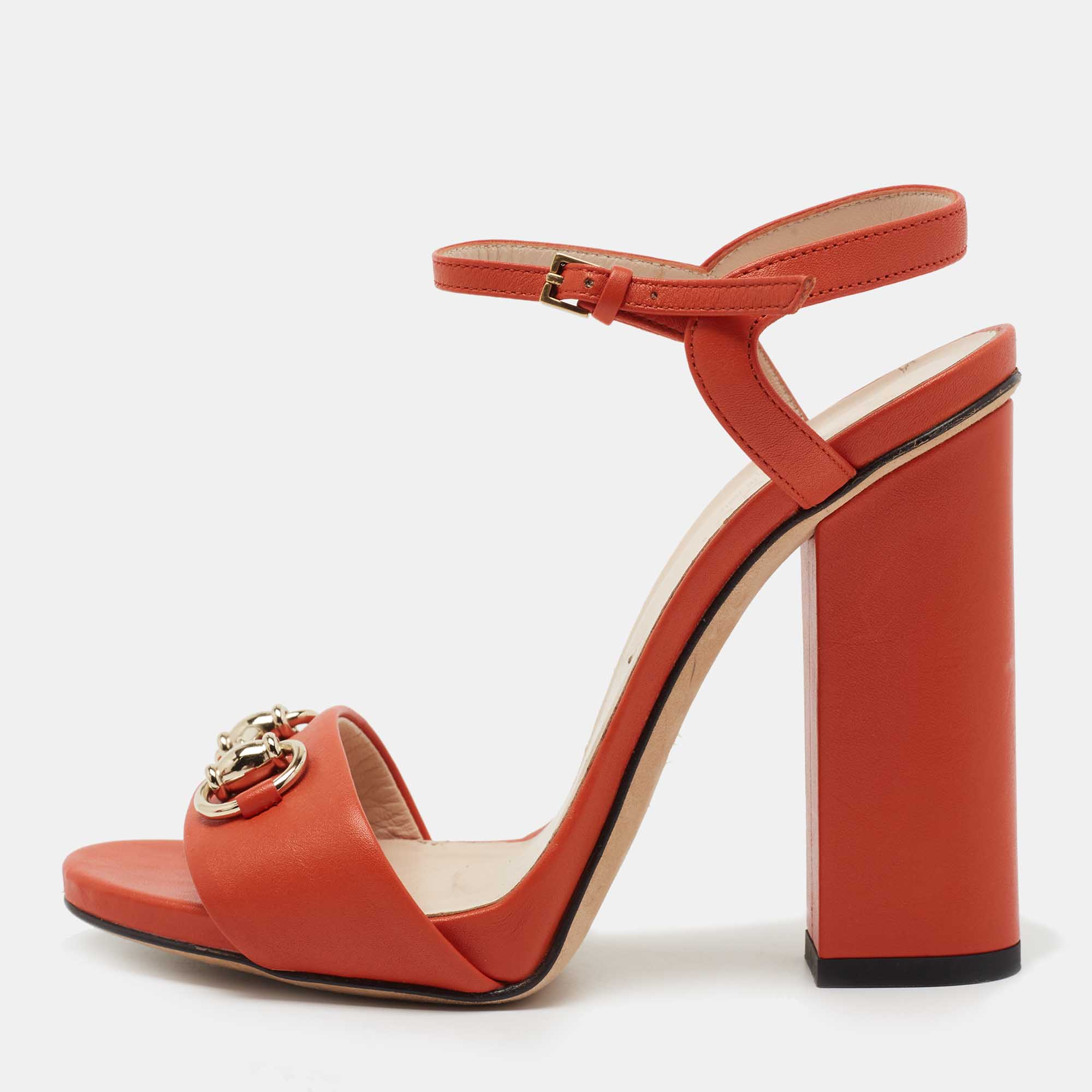 Pre Owned Gucci Orange Leather GG Claudie  Sandals Size 35.5
