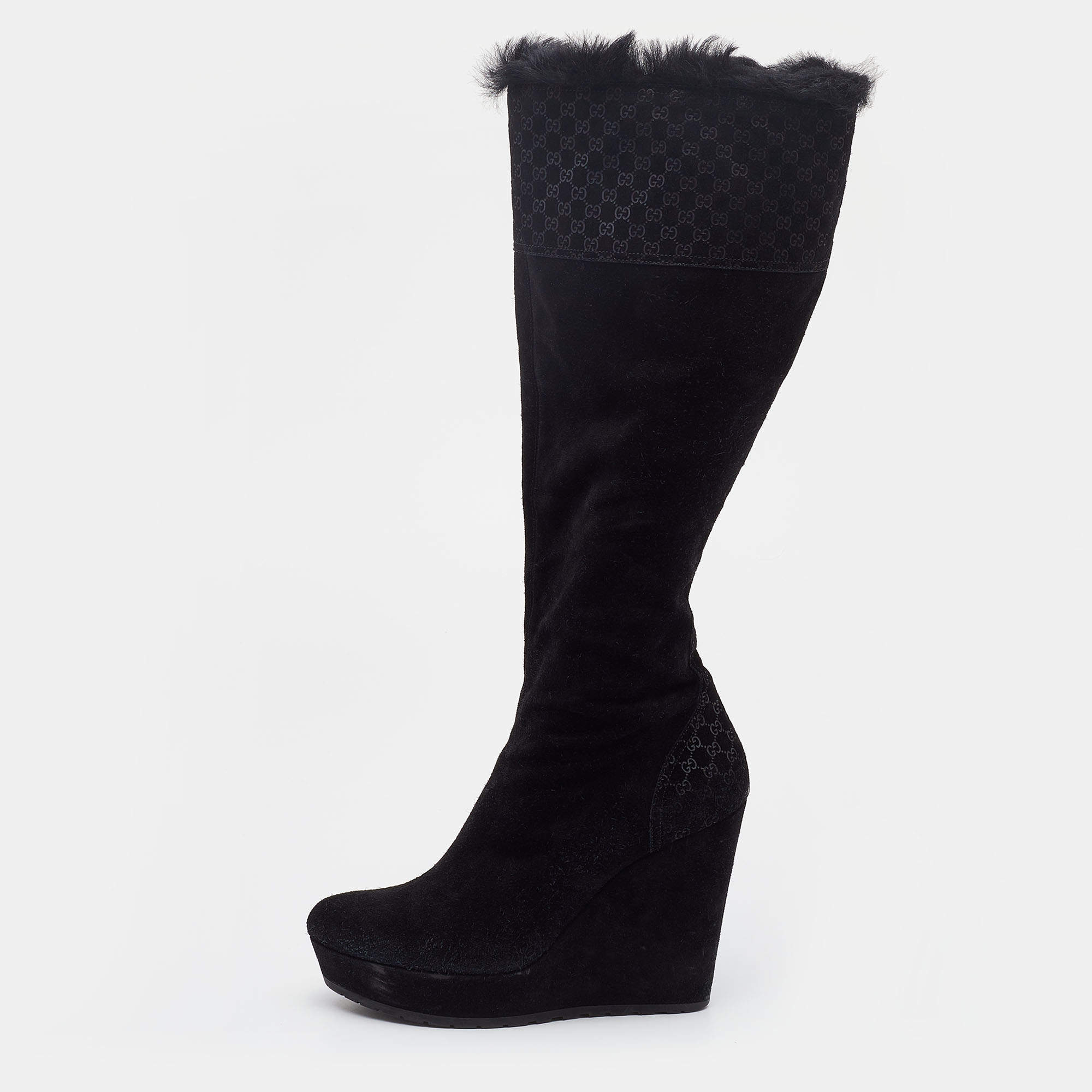 Pre Owned Gucci Black Microguccissima Suede Courtney Wedge Knee Length Boots Size 38