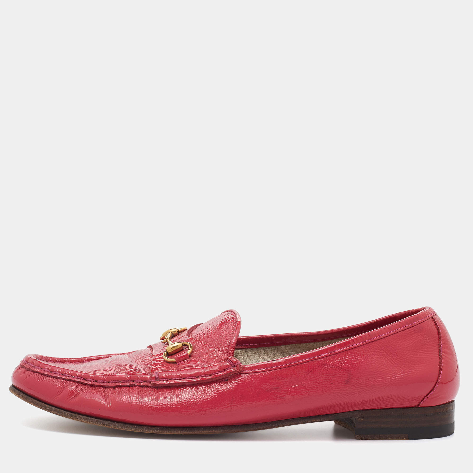 Pre Owned Gucci Pink Patent Leather Horsebit Slip On Loafers Size 42