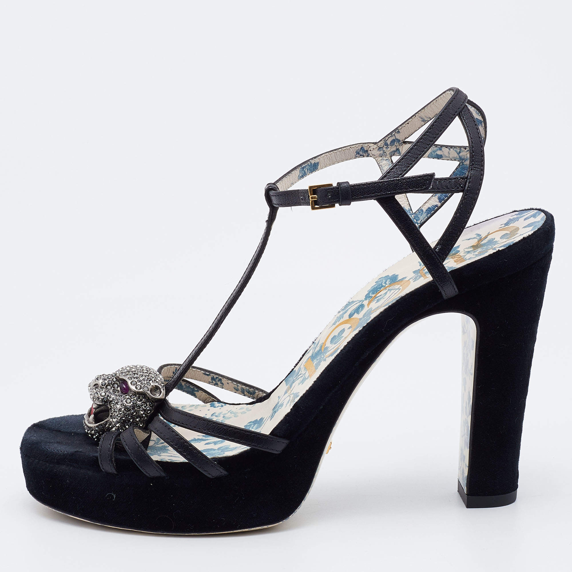 Gucci Black Leather Elias Tiger Embellished T Strap Sandals Size 36.5