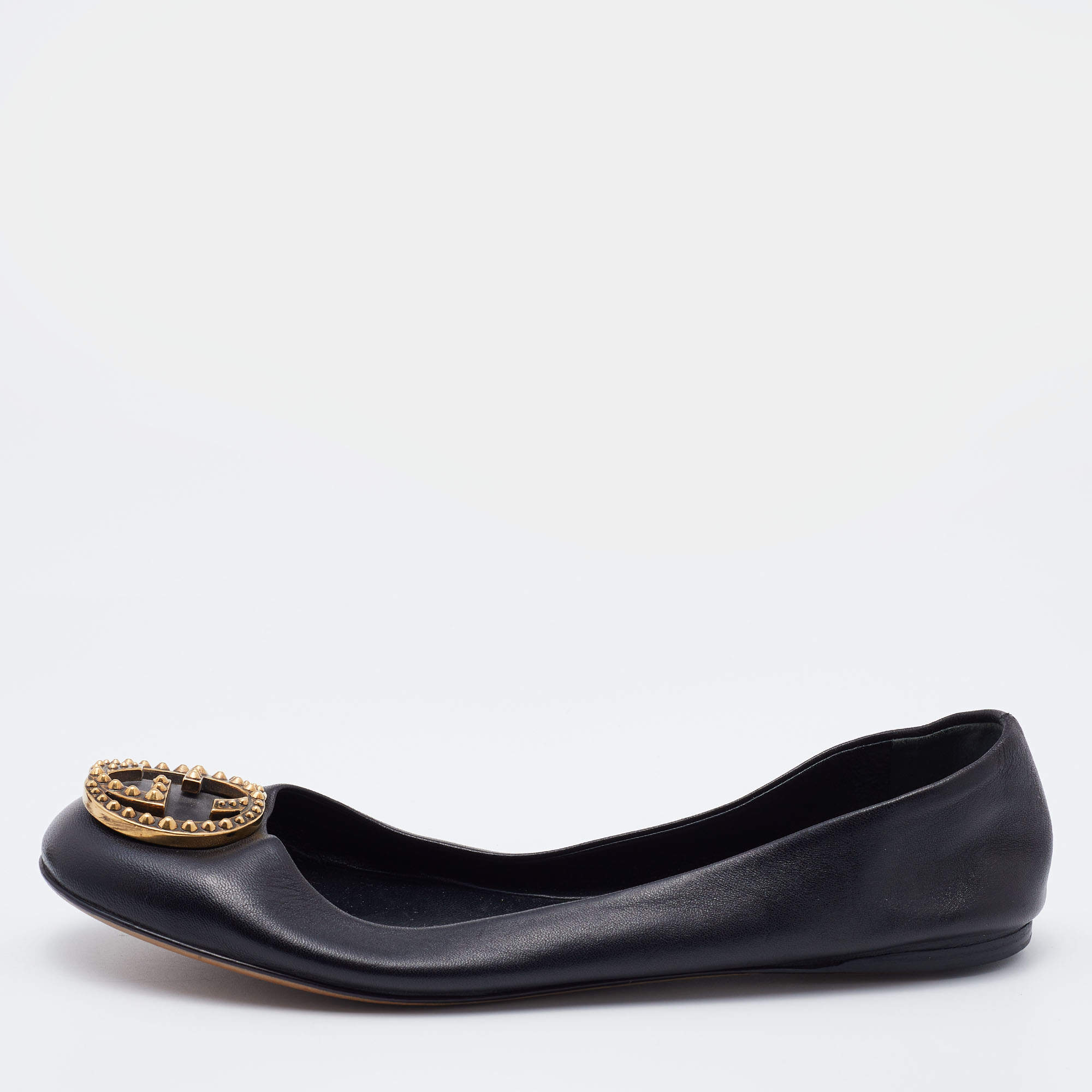 Pre Owned Gucci Black Leather Interlocking G Embellished Logo Ballet Flats Size 36.5