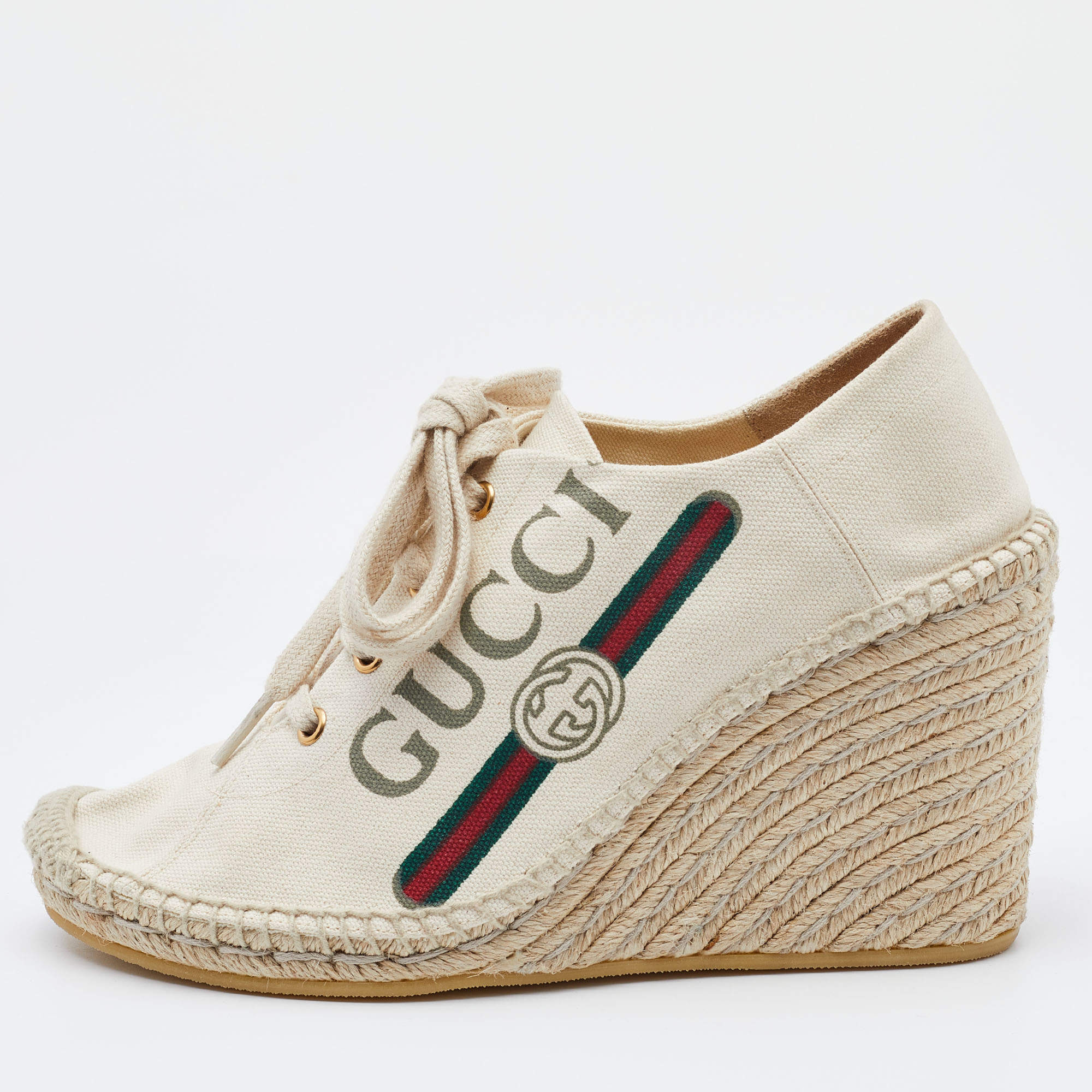 Pre Owned Gucci Off White Canvas Logo Wedge Espadrille Sneakers Size 40