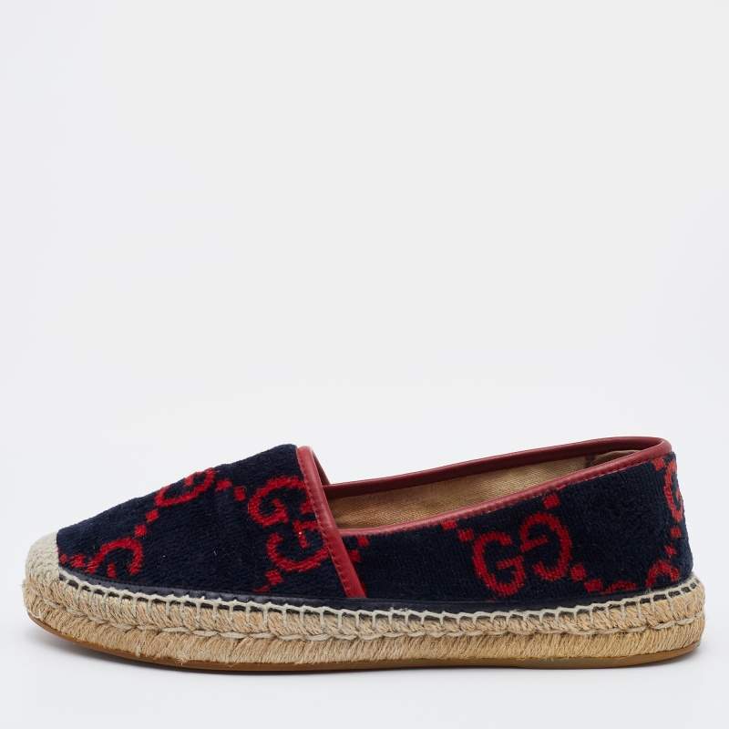 Pre Owned Gucci Navy Blue/Red Wool Espadrille Flats Size 40