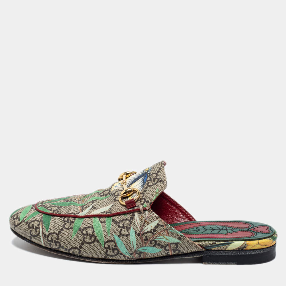 مملوكة مسبقًا Gucci Multicolor Tian Print GG Supreme Canvas Princetown Flat Mules Size 35