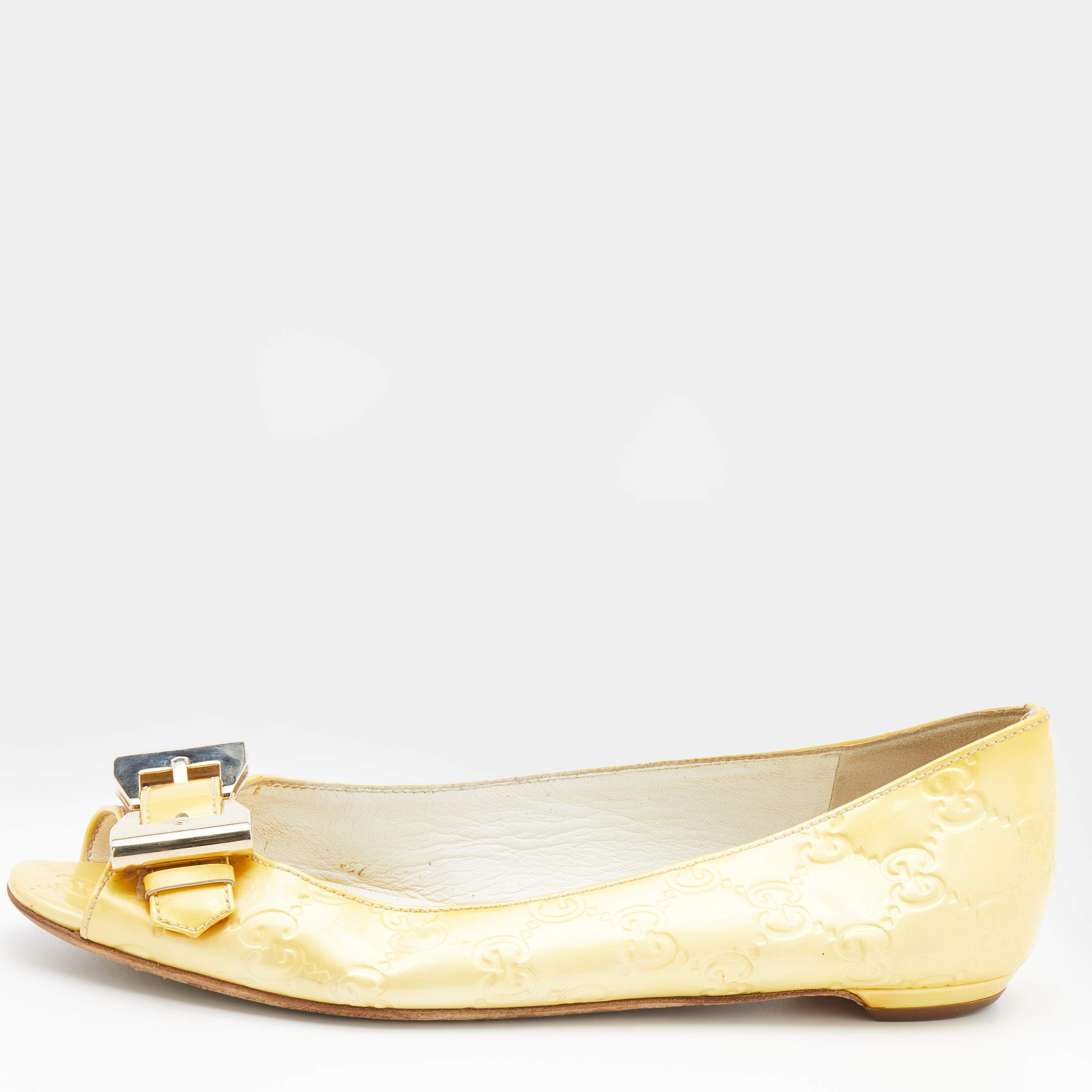 Pre Owned Gucci Yellow Guccissima Patent Leather Buckle Ballet Flats Size 36 