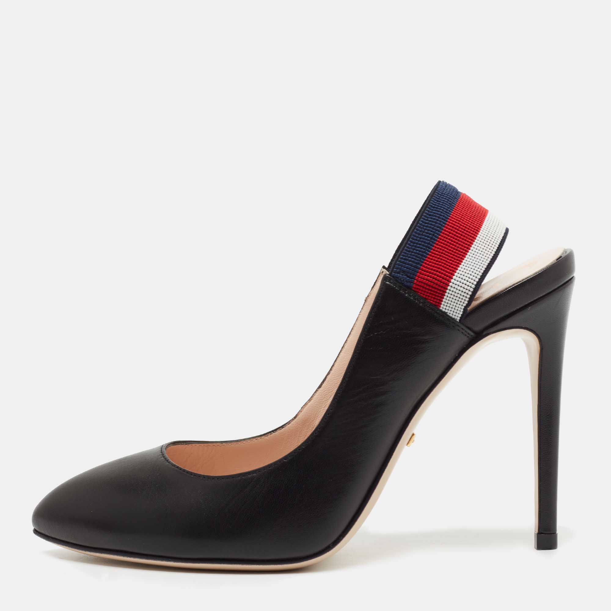 Pre Owned Gucci Black Leather Web Sylvie Slingback Pumps Size 36