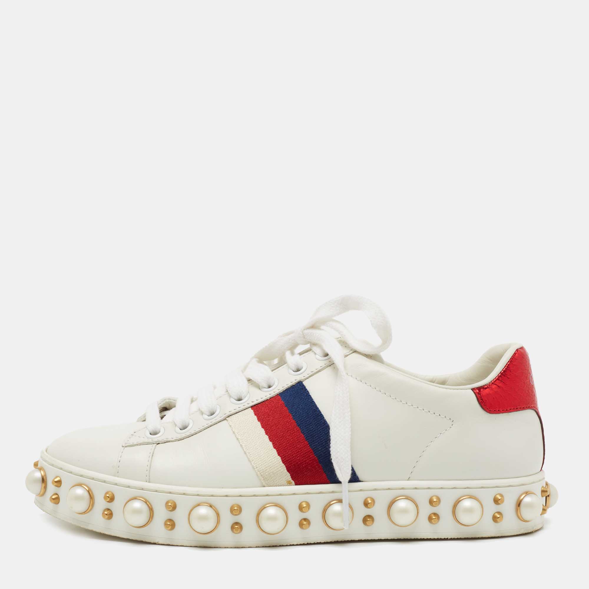 Gucci White Leather Pearl Embellished Ace Sneakers Size 35