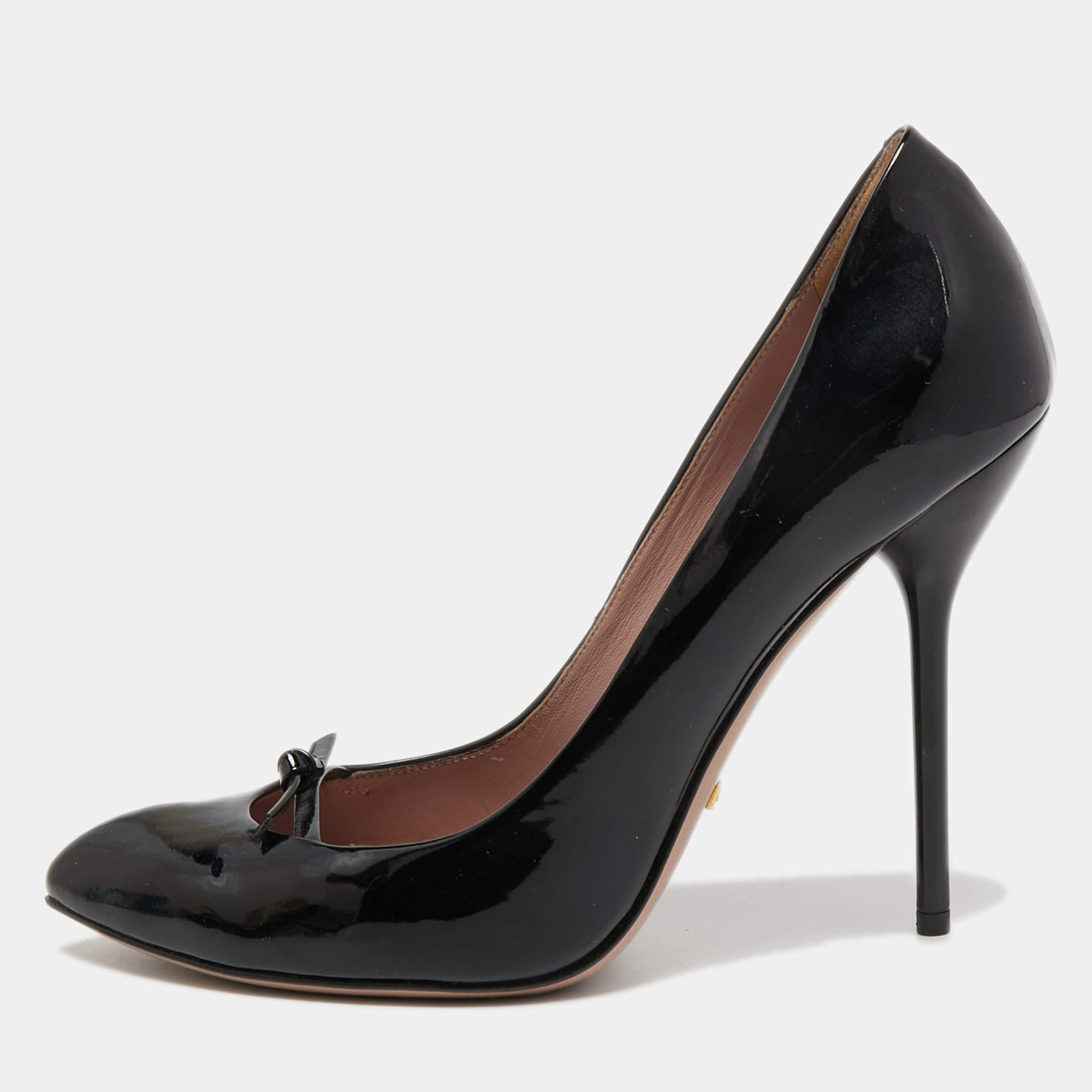 Pre Owned Gucci Black Patent Leather Bow Pumps Size 38.5