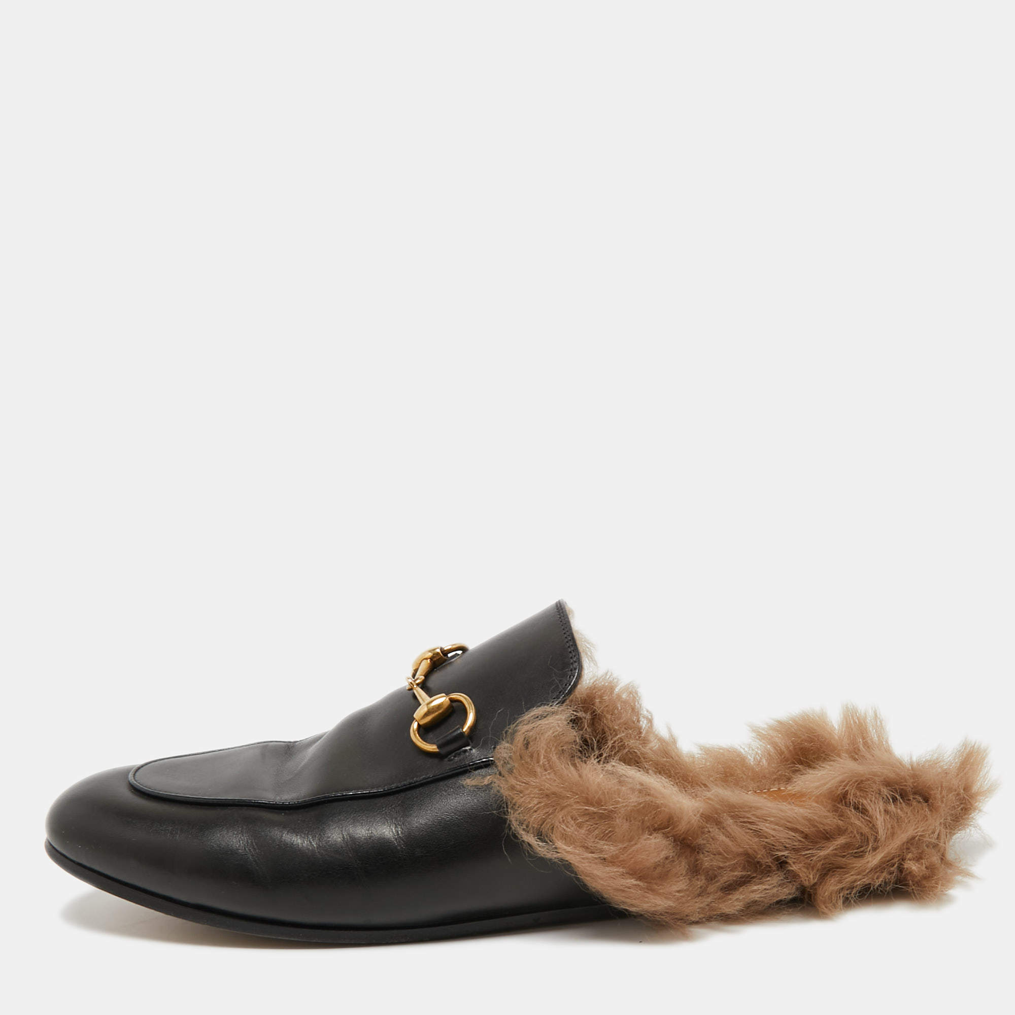 Gucci Black Leather and Fur Princetown Flat Mules Size 38