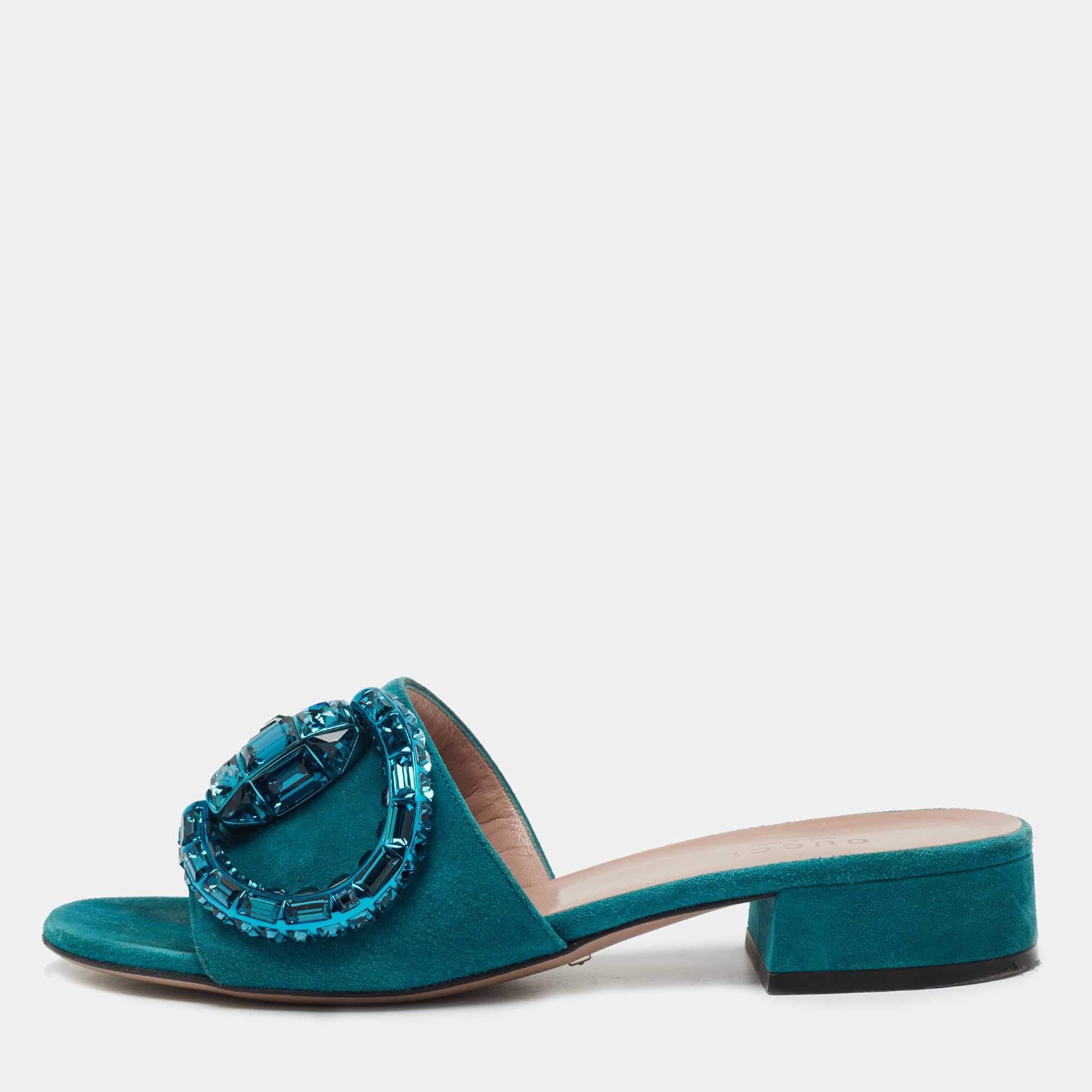 مملوكة مسبقًا Gucci Teal Suede Maxime Crystal Horsebit Slide Sandals Size 35