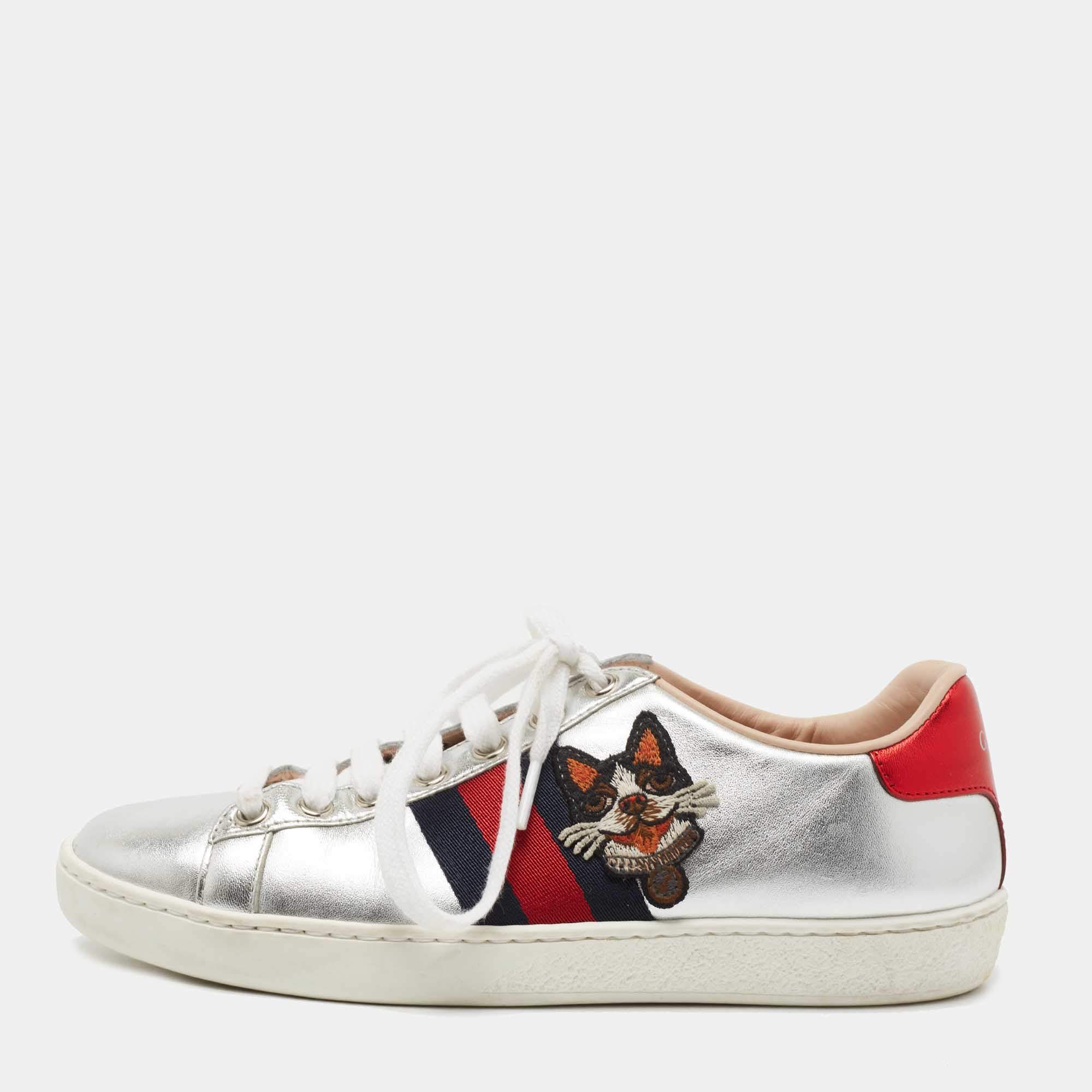 Gucci Silver Leather Embroidered Ace Sneakers Size 35