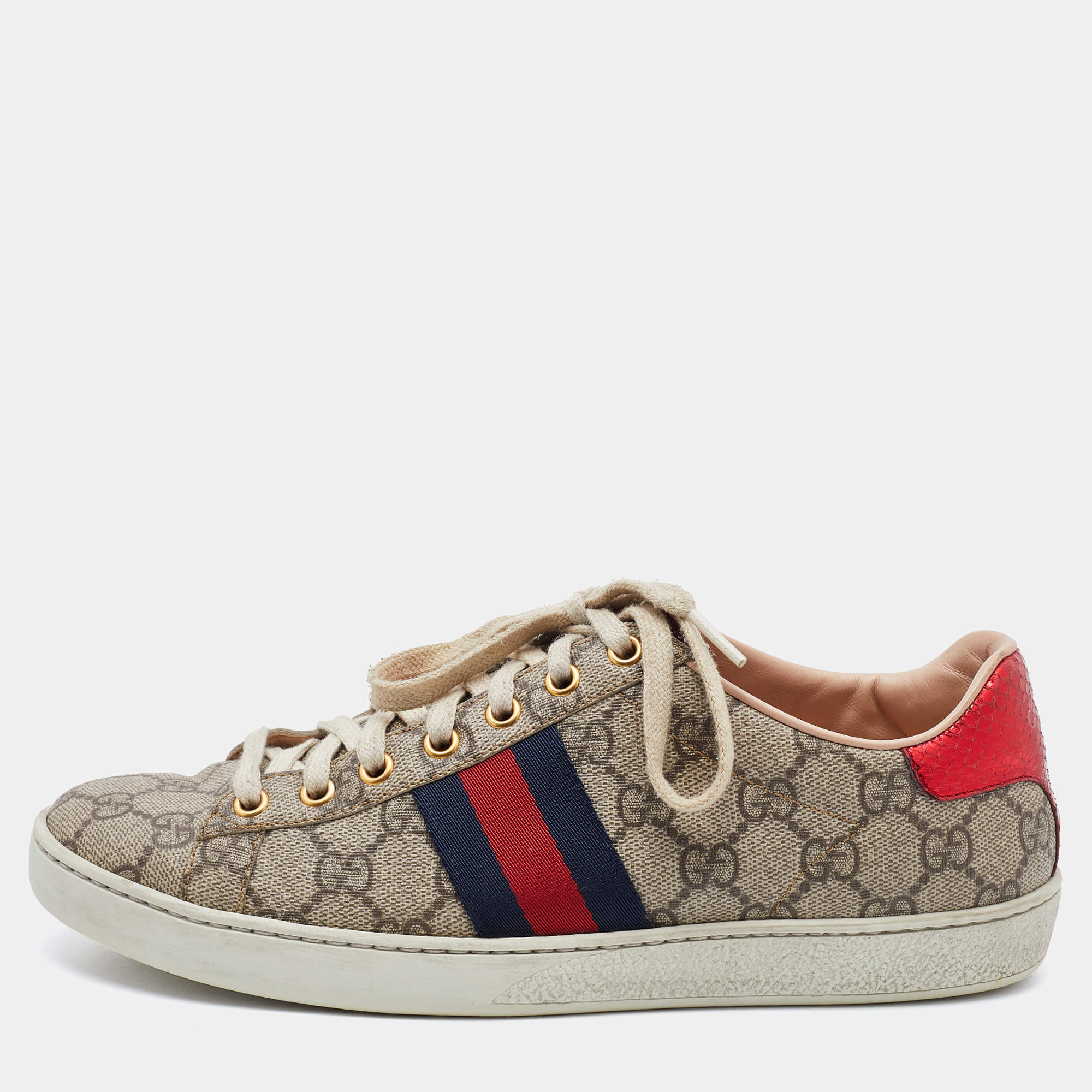 Gucci Beige/Brown GG Supreme Canvas Ace Web Sneakers Size 39