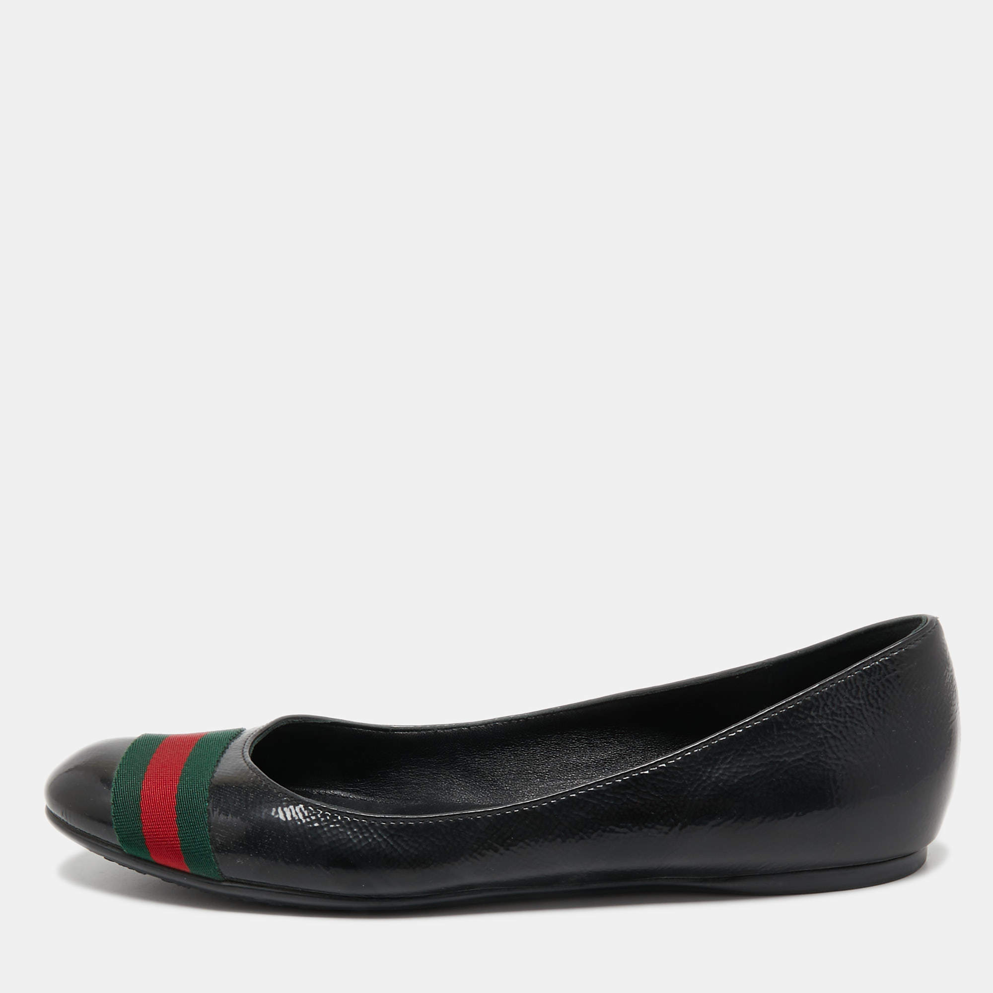 Pre Owned Gucci Black Patent Leather Web Stripe Ballet Flats Size 38.5