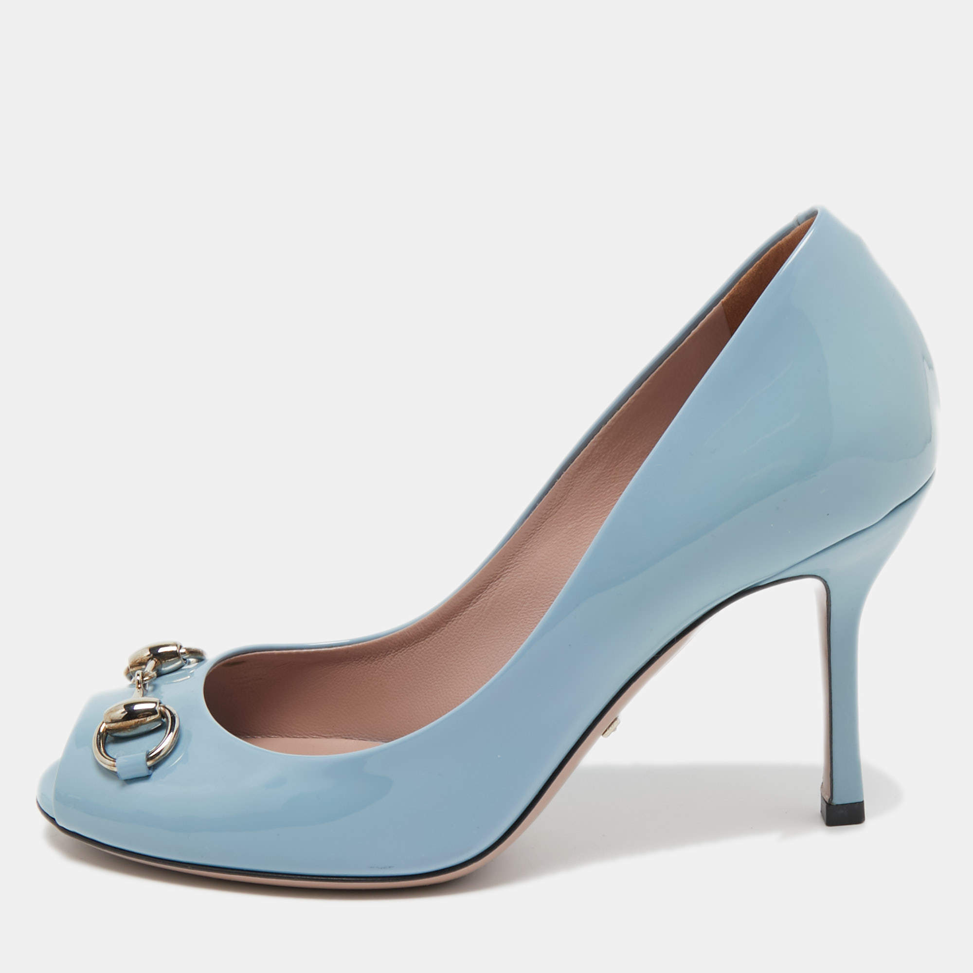 Pre Owned Gucci Blue Patent Leather Horsebit Peep Toe Pumps Size 36
