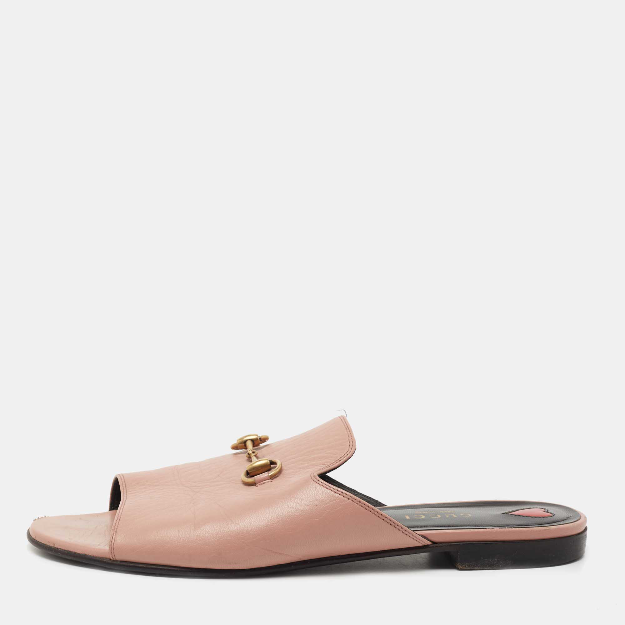 Gucci Pink Leather Malaga Horsebit Flat Slides Size 39 Gucci