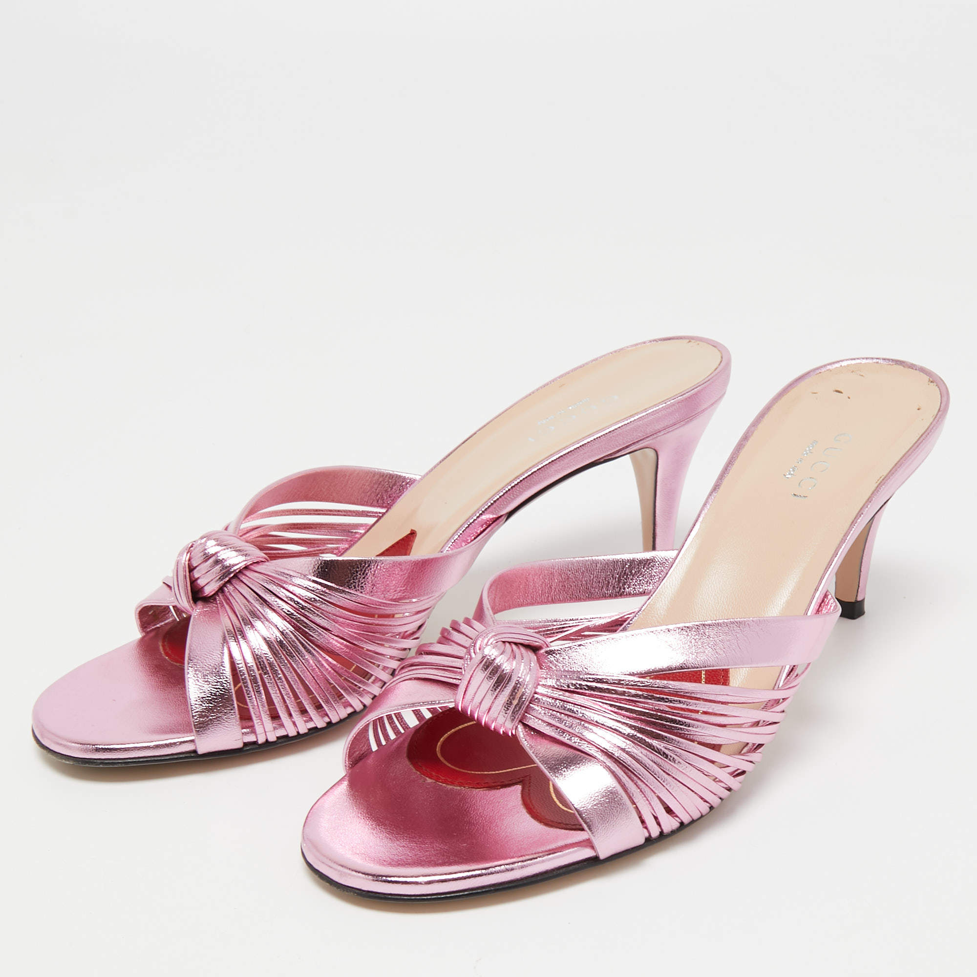 Gucci Metallic Pink Leather Knotted Slide Sandals Size 36.5 Gucci 