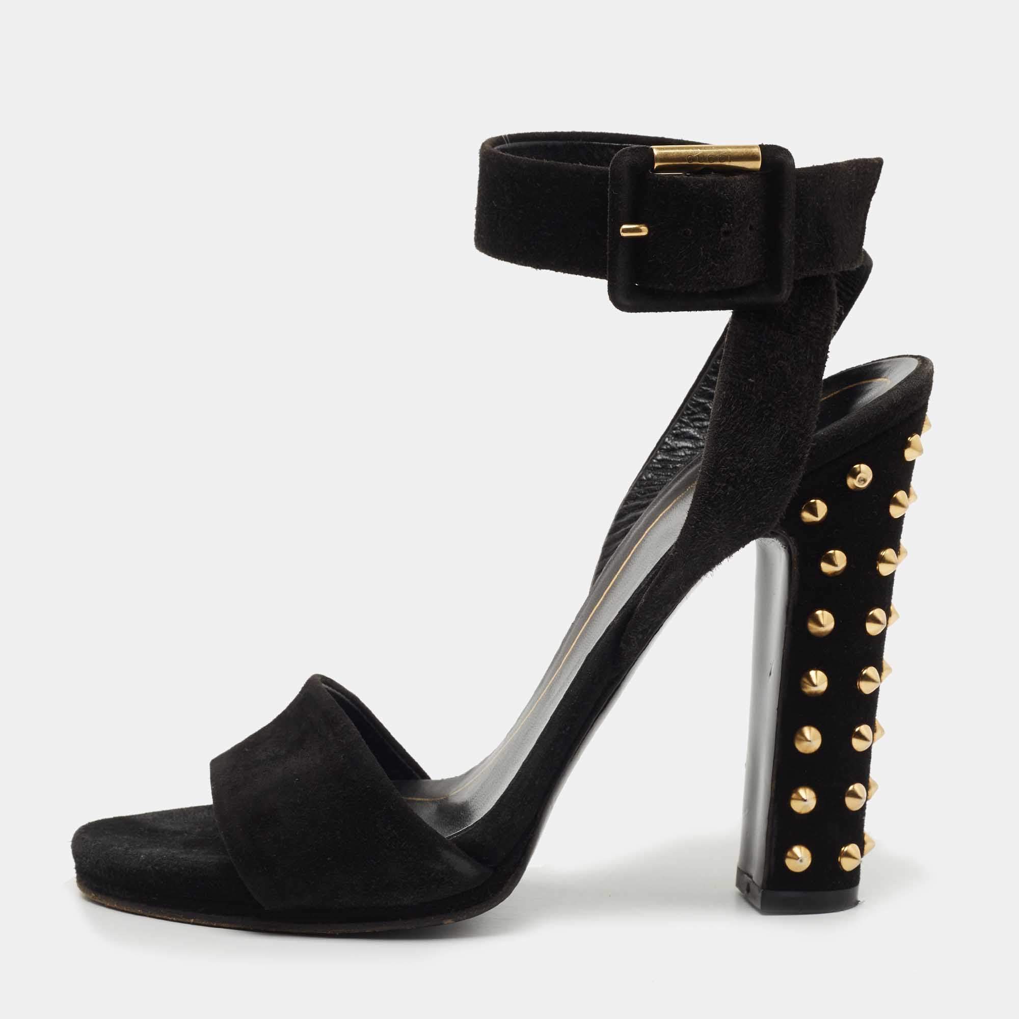 Gucci Black Suede Studded Ankle Wrap Sandals Size 37