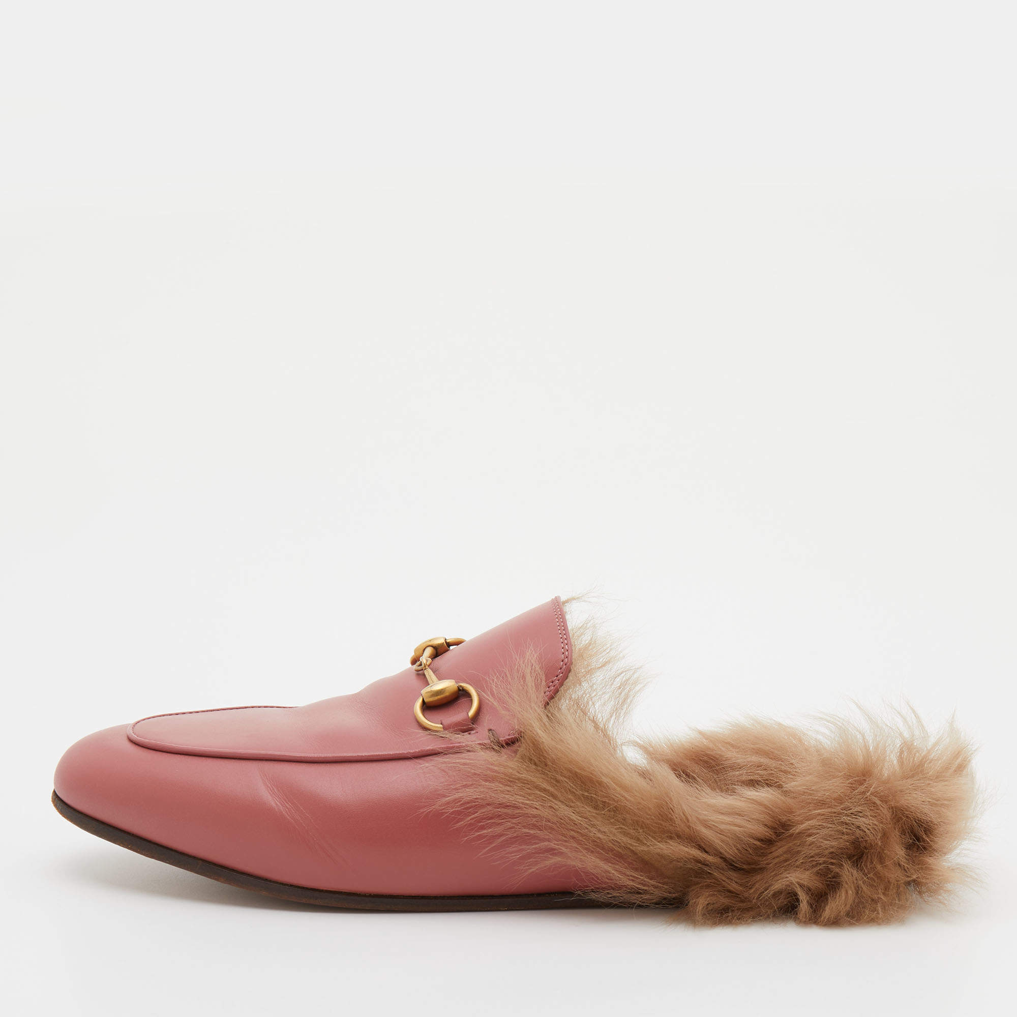 Gucci Pink Leather and Fur Horsebit Princetown Flat Mules Size 38