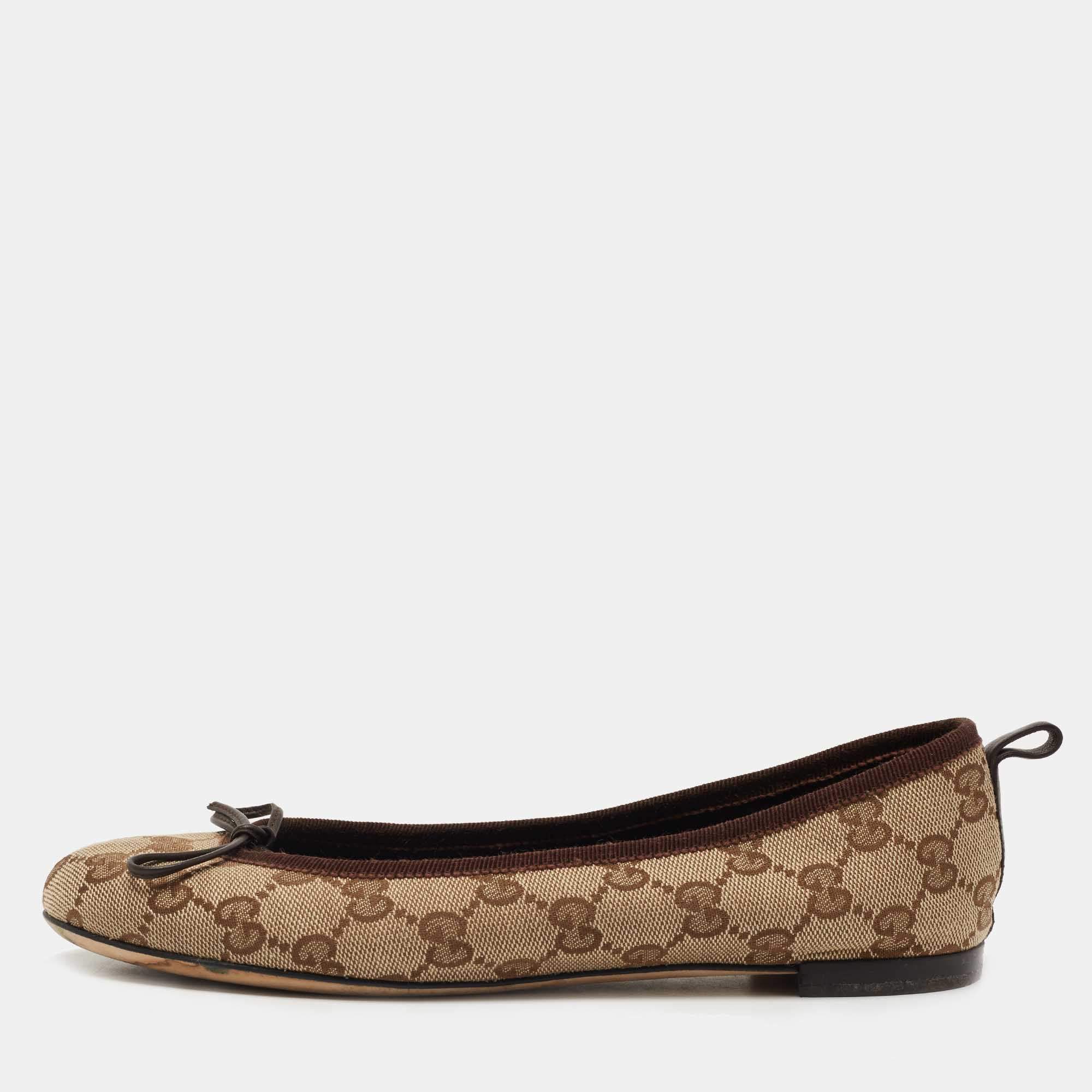 Pre Owned Gucci Beige/Brown GG Canvas Bow Ballet Flats Size 37