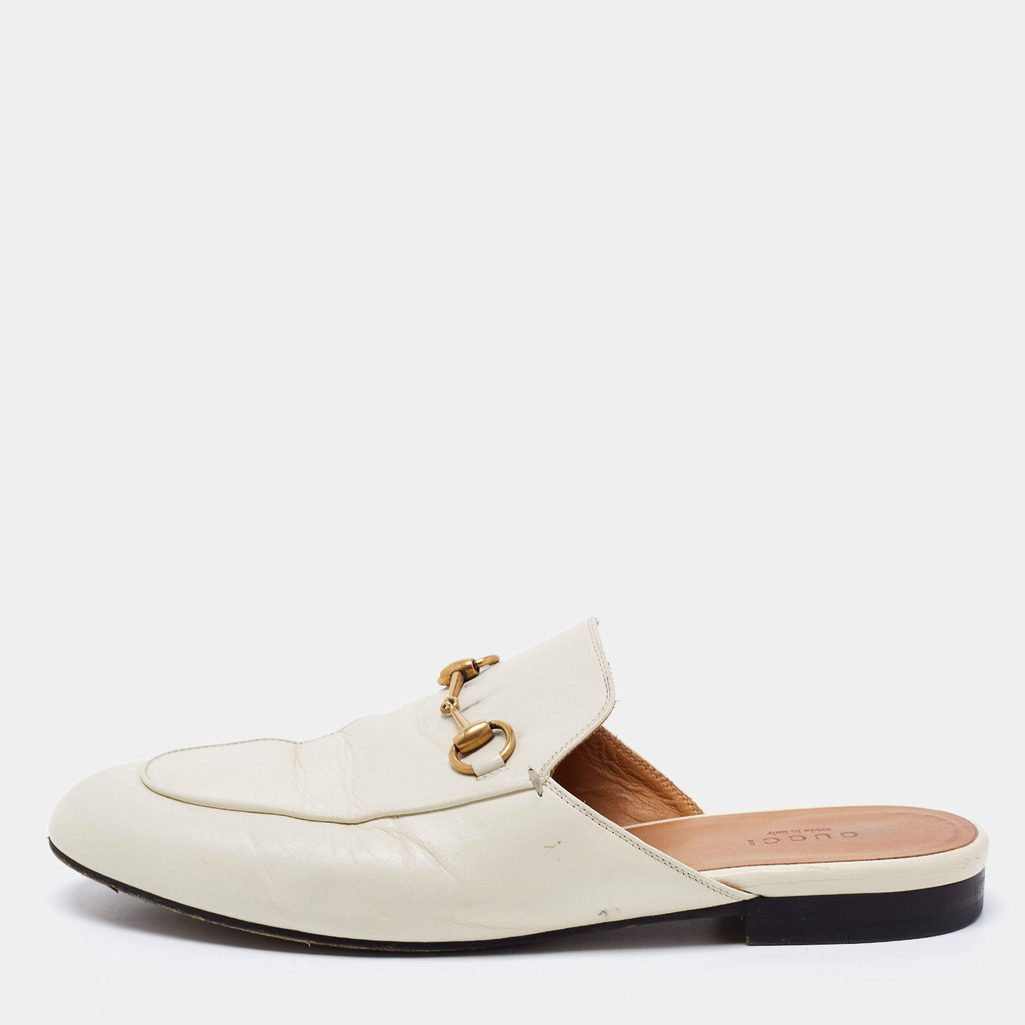 Pre Owned Gucci Off White Leather Princetown Flat Mules Size 38.5