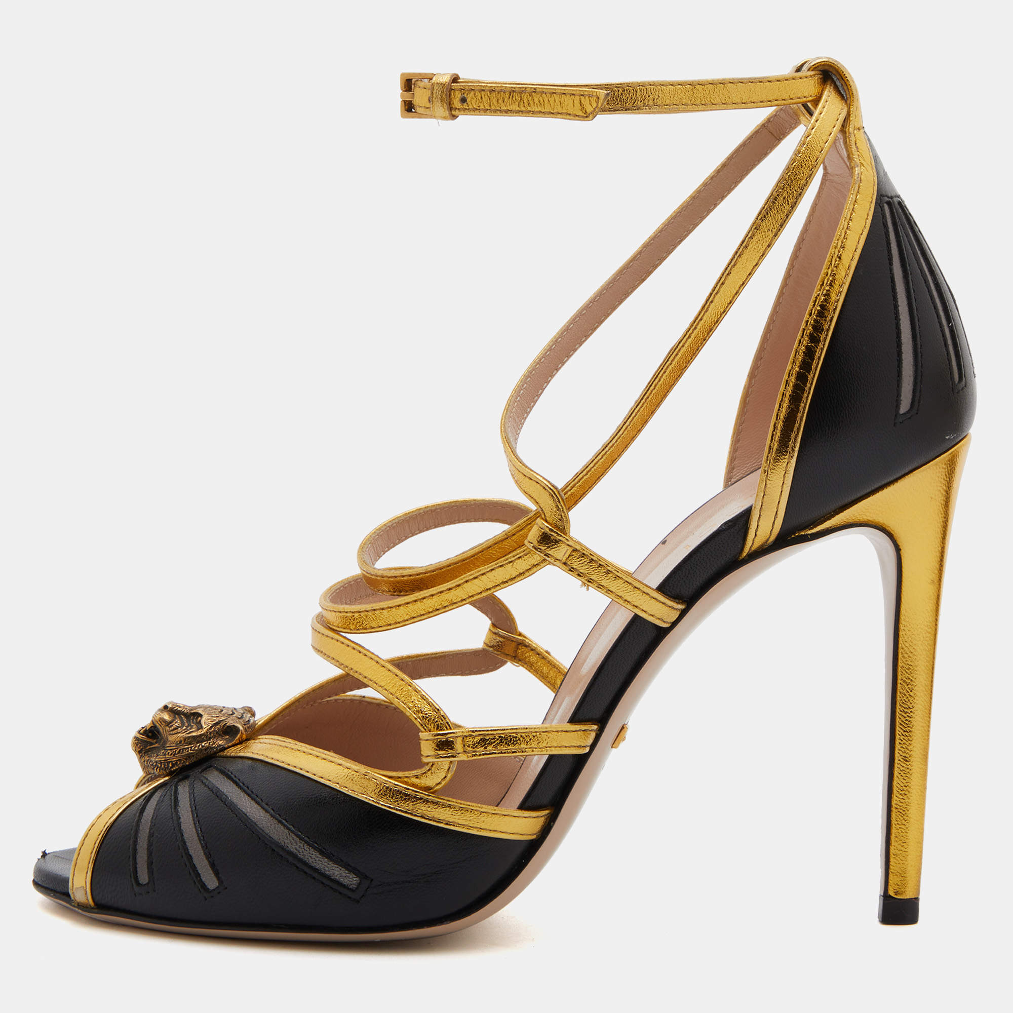 Pre Owned Gucci Black/Gold Leather Tiger Head Ankle Strappy Sandals Size 37