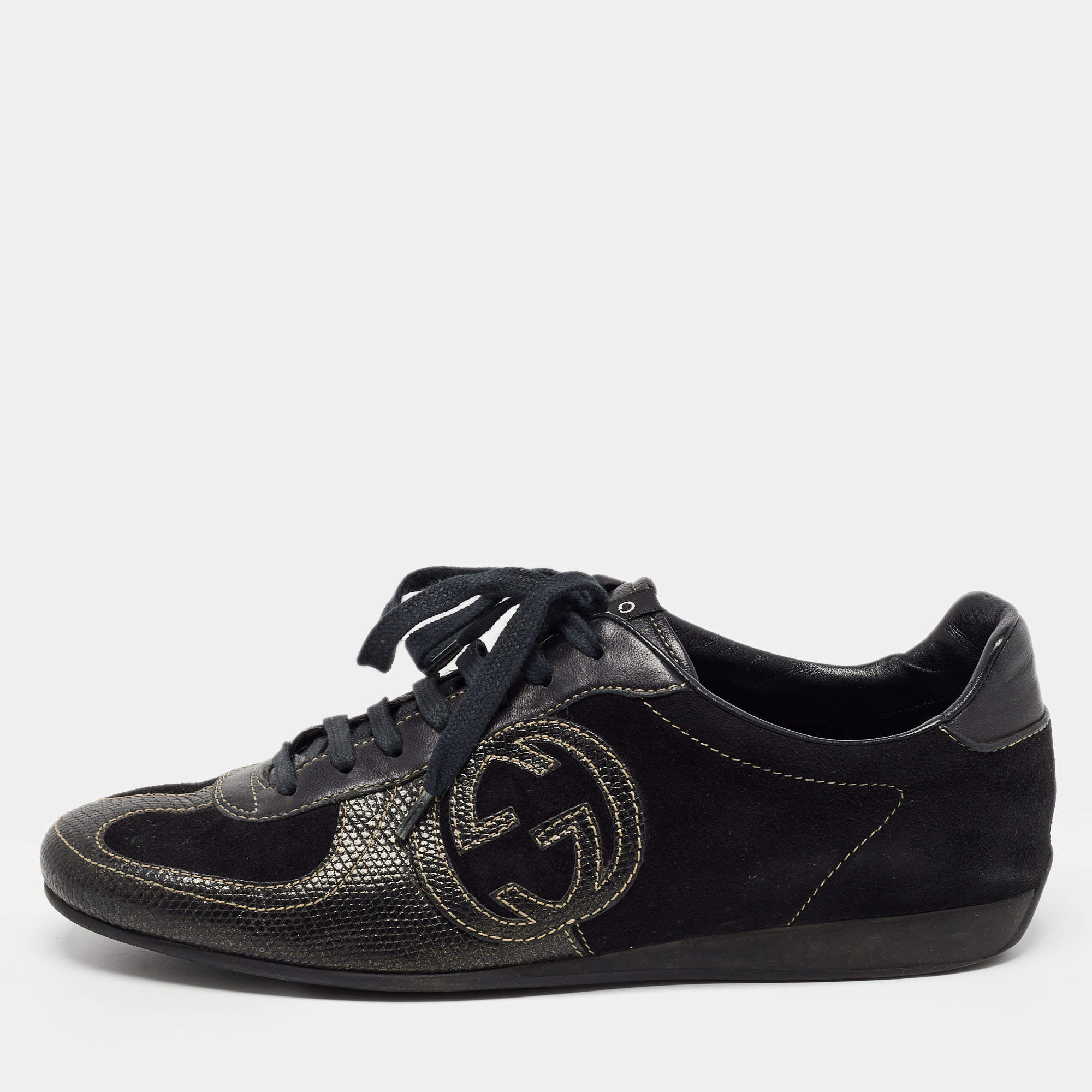 Gucci Black Suede and Textured Leather GG Low Top Sneakers Size 38
