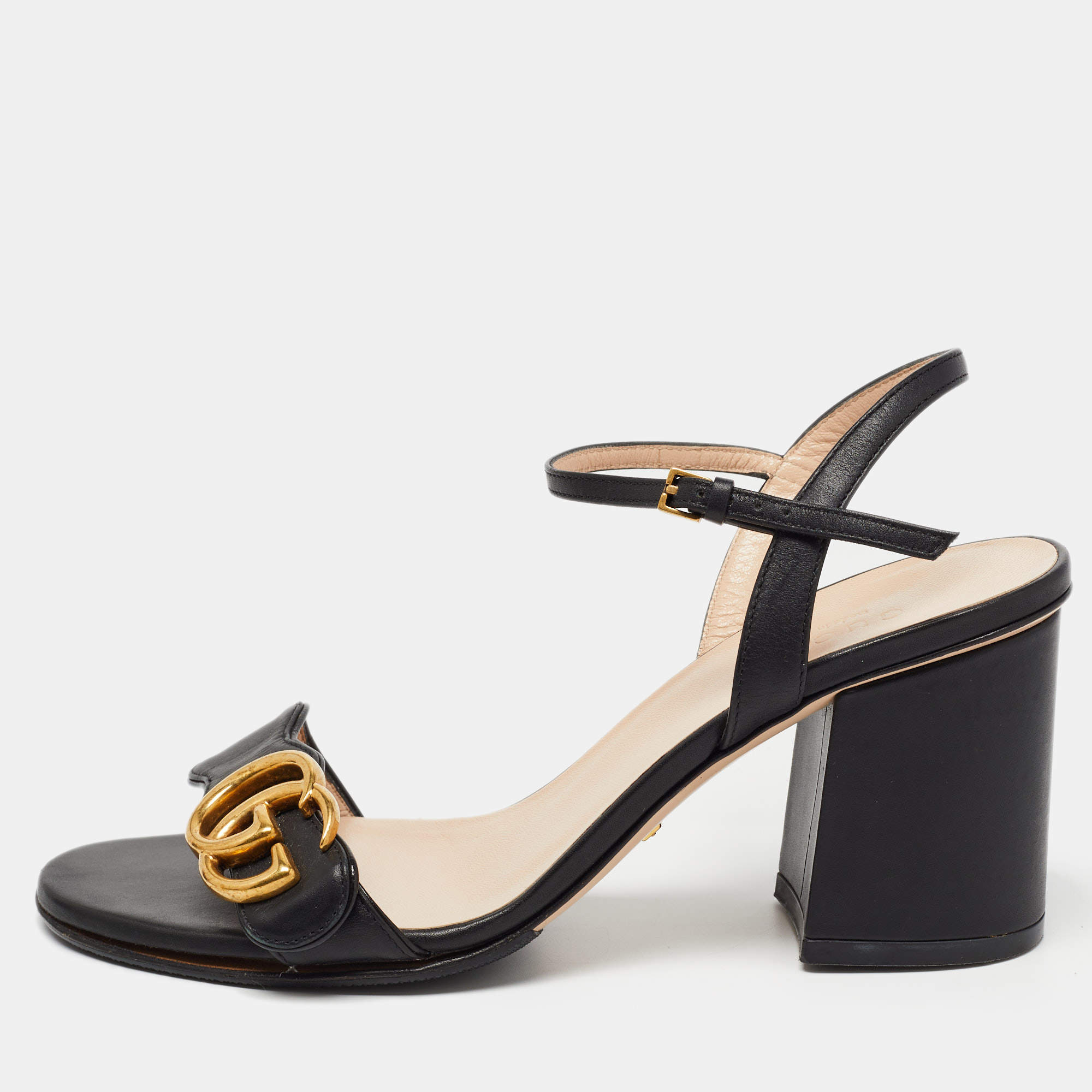 Gucci Black Leather GG Marmont Ankle Strap Sandals Size 36