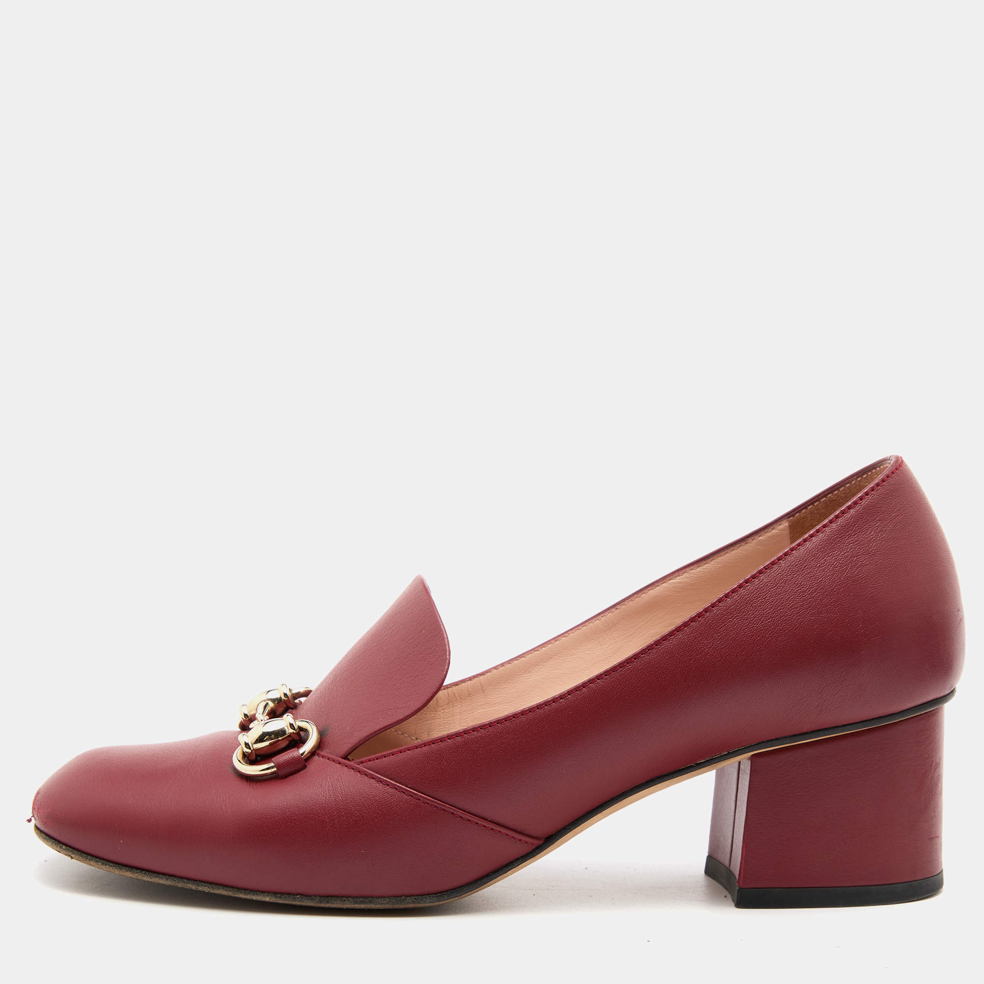 مملوكة مسبقًا Gucci Burgundy Leather Horsebit Block Heel Loafer Pumps Size 37.5