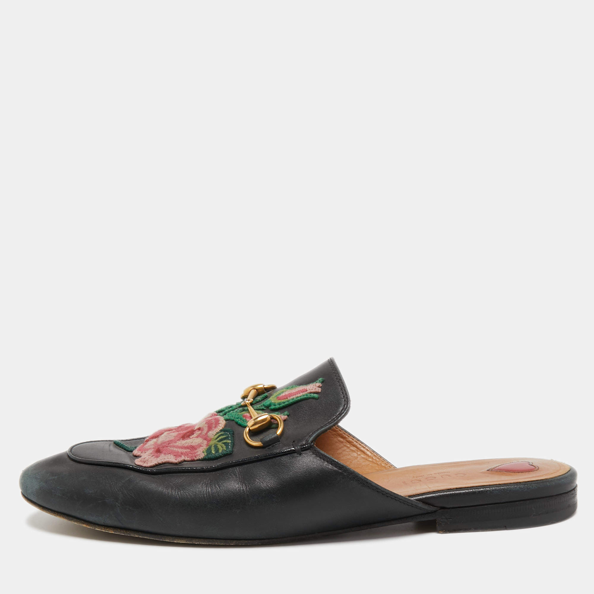 Pre Owned Gucci Black Leather Rose Embroidered Princetown Horsebit Flat Mules Size 39