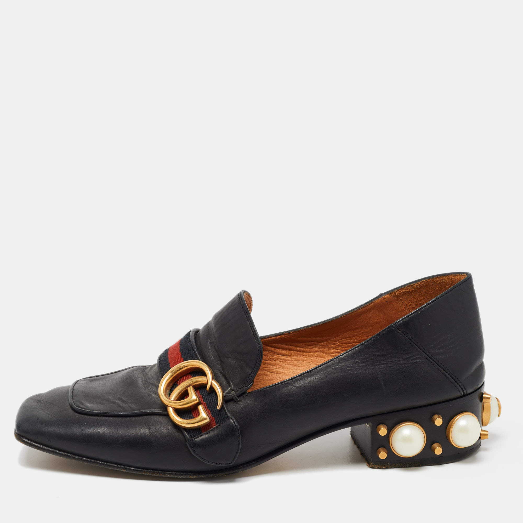Pre Owned Gucci Black Leather GG Marmont Web Pearl Embellished Heel Loafer Pumps Size 38.5