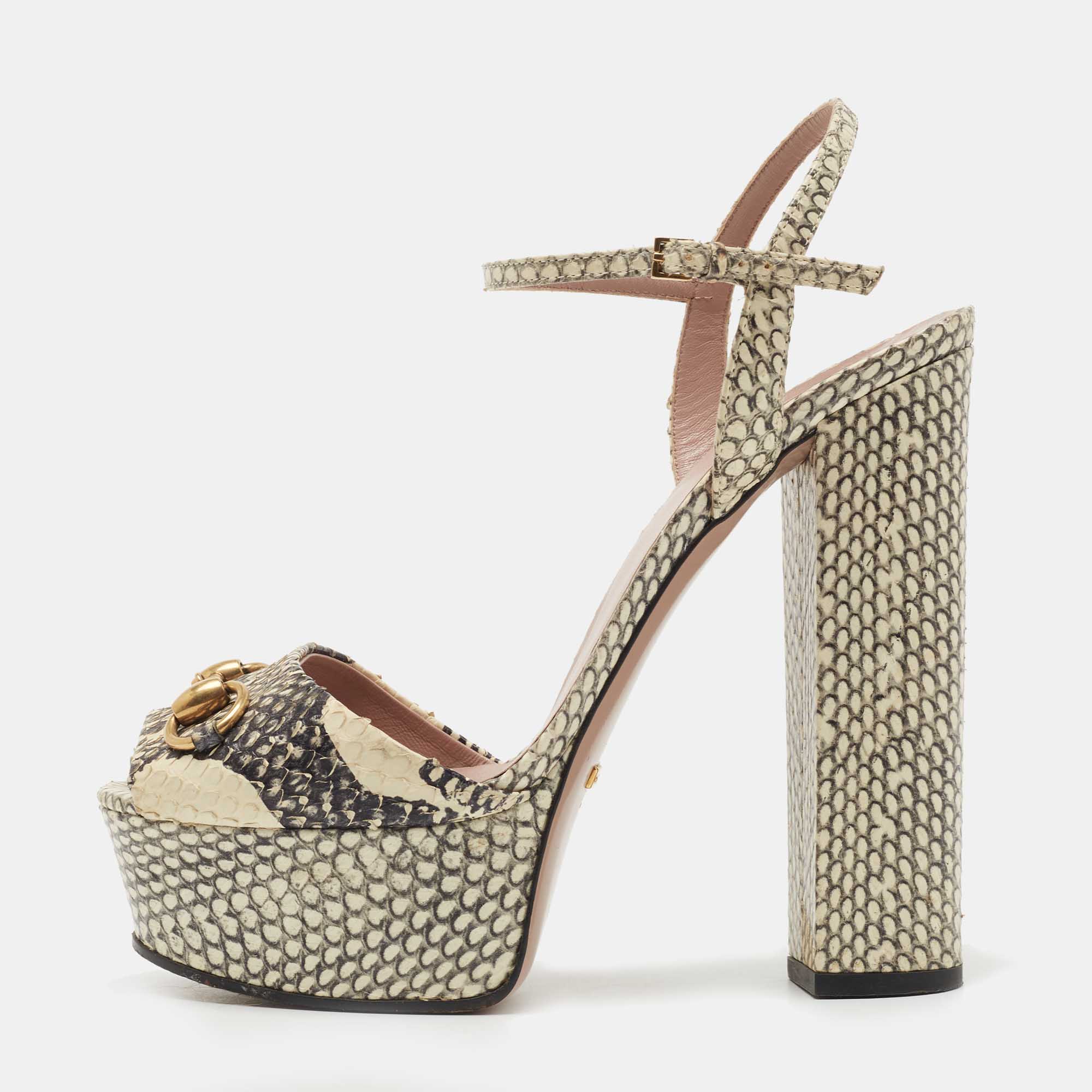 Gucci Black/Beige Python Claudie Sandals Size 39.5