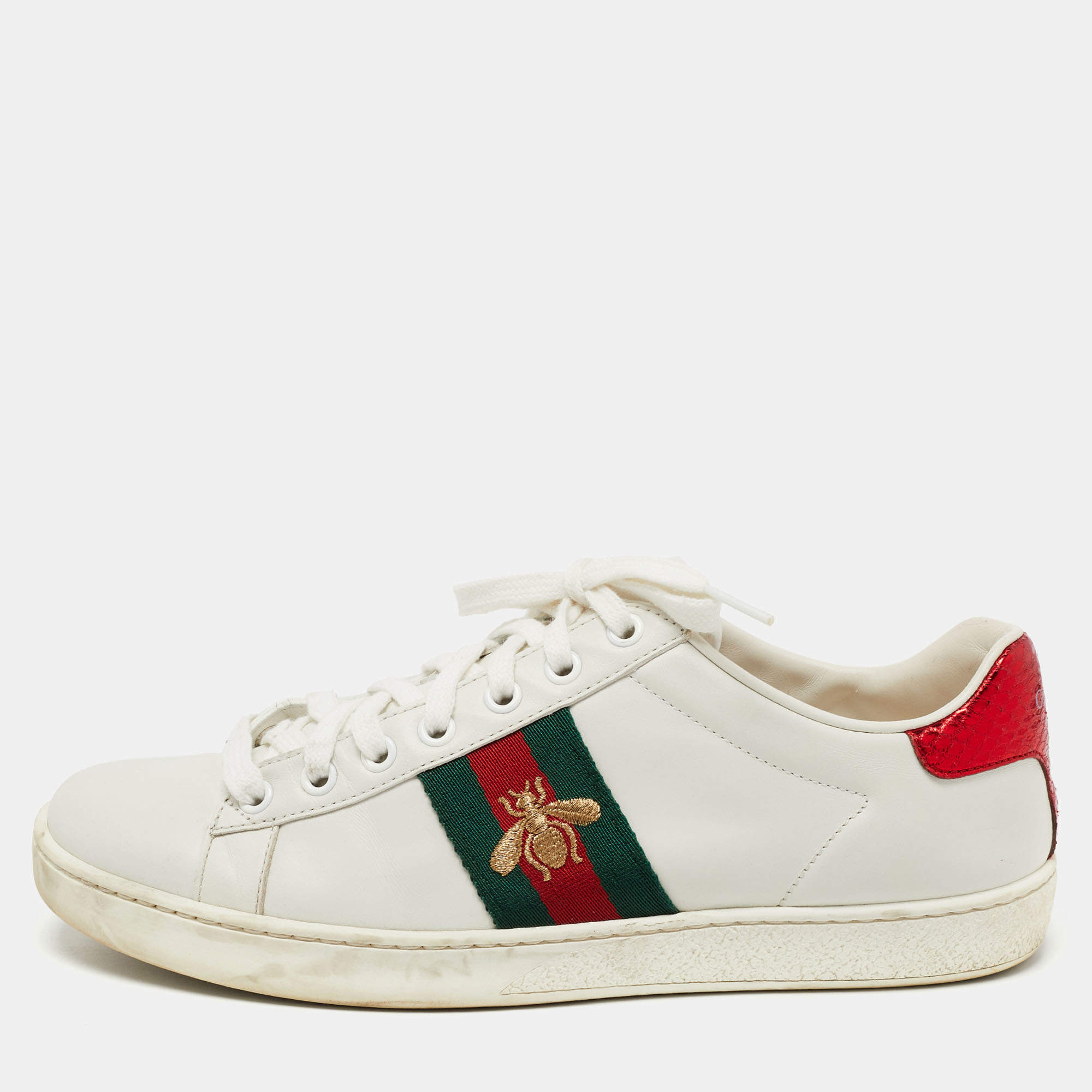 Gucci White Leather and Python Embossed Ace Bee Embroidered Sneakers ...